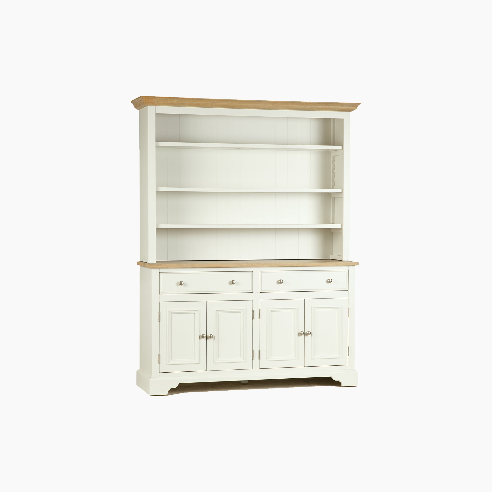 The Amberley 5ft Grand Open Dresser in Warm White features two shelves, two drawers, and two cabinets with light wood accents, showcasing classic English craftsmanship.