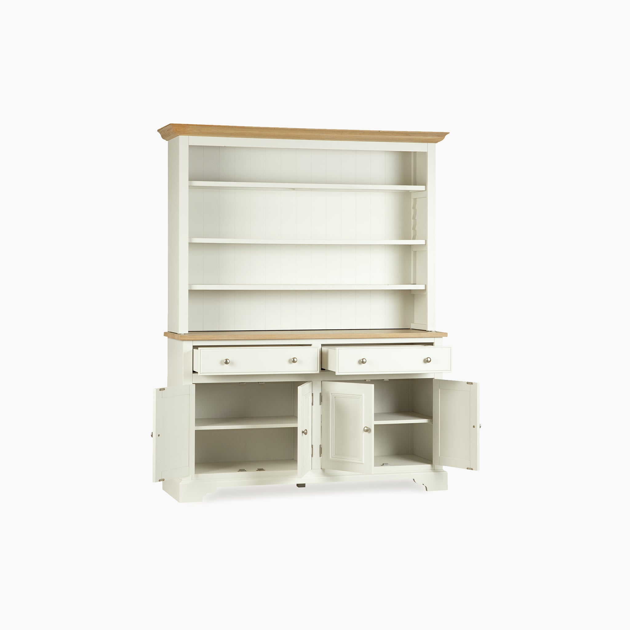 The Amberley 5ft Grand Open Dresser in Warm White features shelves, two drawers, and four lower cabinet doors, highlighting fine English craftsmanship.