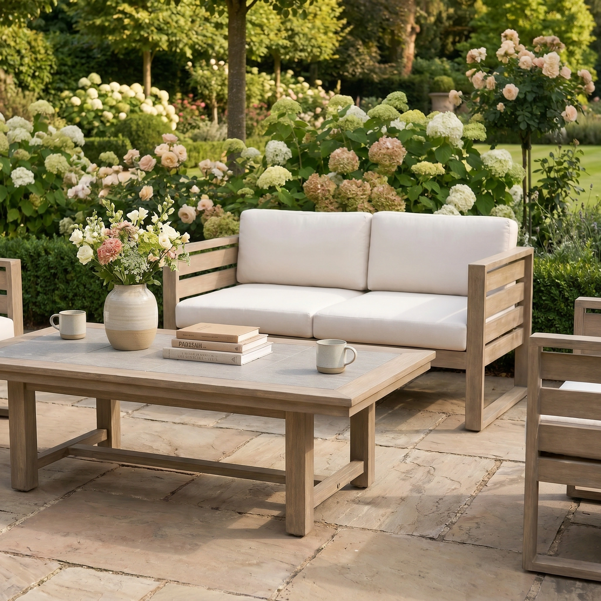 The Andora 2 Seat Sofa Set with 2 in 1 Table in Weathered Brown, topped with white cushions, creates an inviting patio seating area perfect for relaxing with flowers and mugs in the garden.