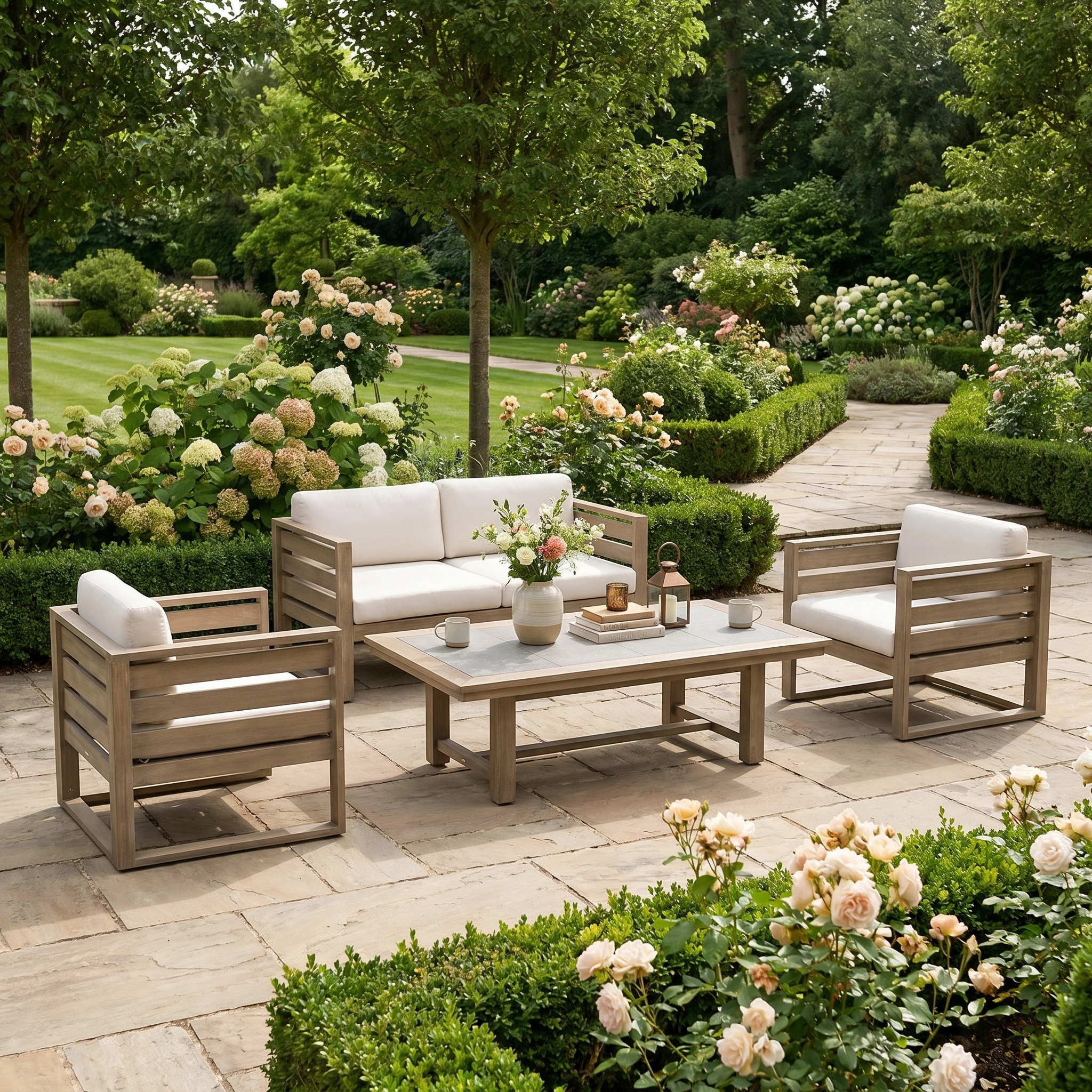 Patio with the Andora 2 Seat Sofa Set with 2 in 1 Table in Weathered Brown, featuring eucalyptus wood and white cushions, surrounded by blooming flowers and lush green trees.