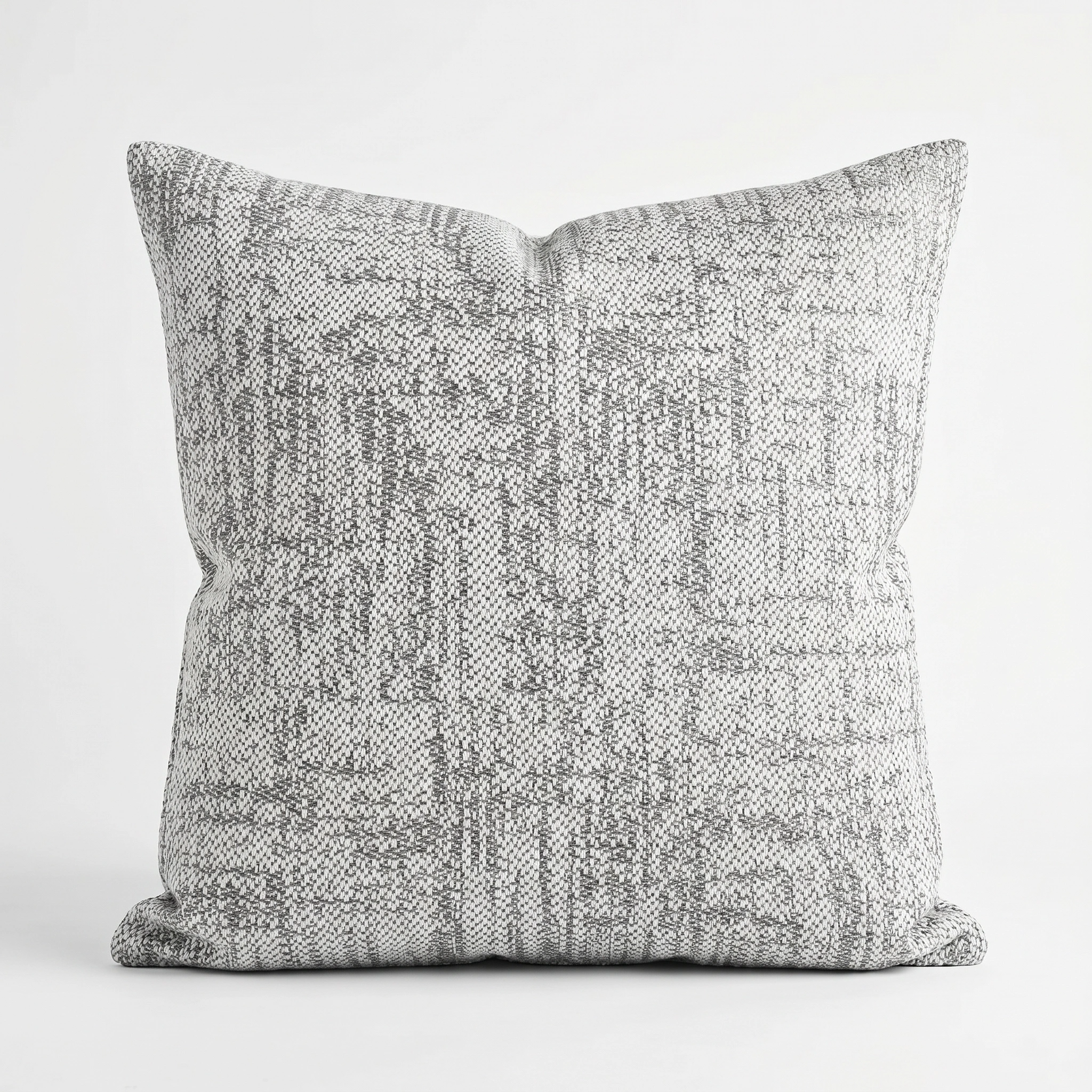 The Agora Artisan Perla Medium Scatter Cushion (45cm x 45cm) features a gray and white abstract woven pattern in solution-dyed acrylic, shown against a plain white background.
