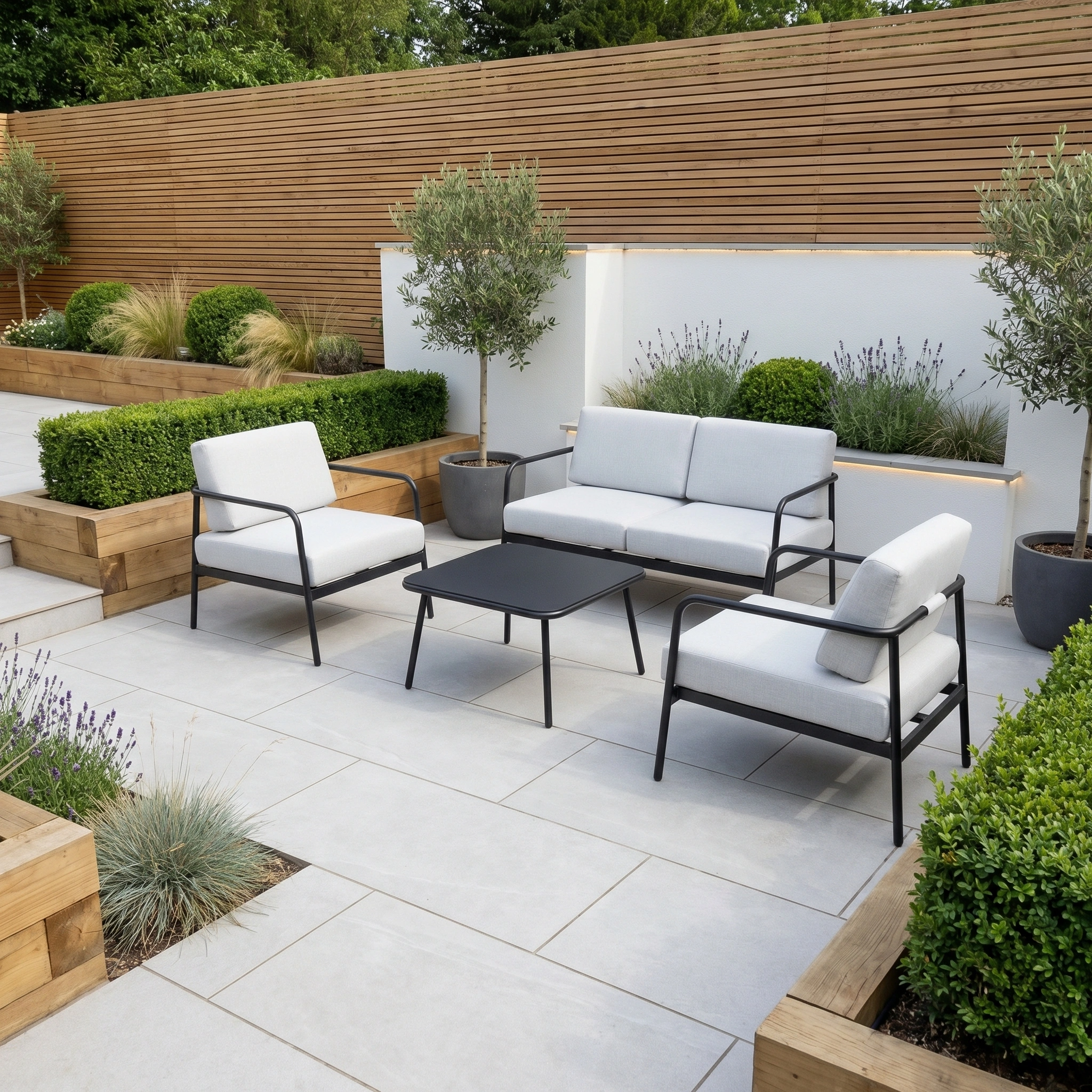 Modern patio featuring the Aspen 2 Seat Sofa with Coffee Table in Light Grey, weather-resistant seating with white cushions, paired with a black table, potted trees, and wooden planters filled with greenery.
