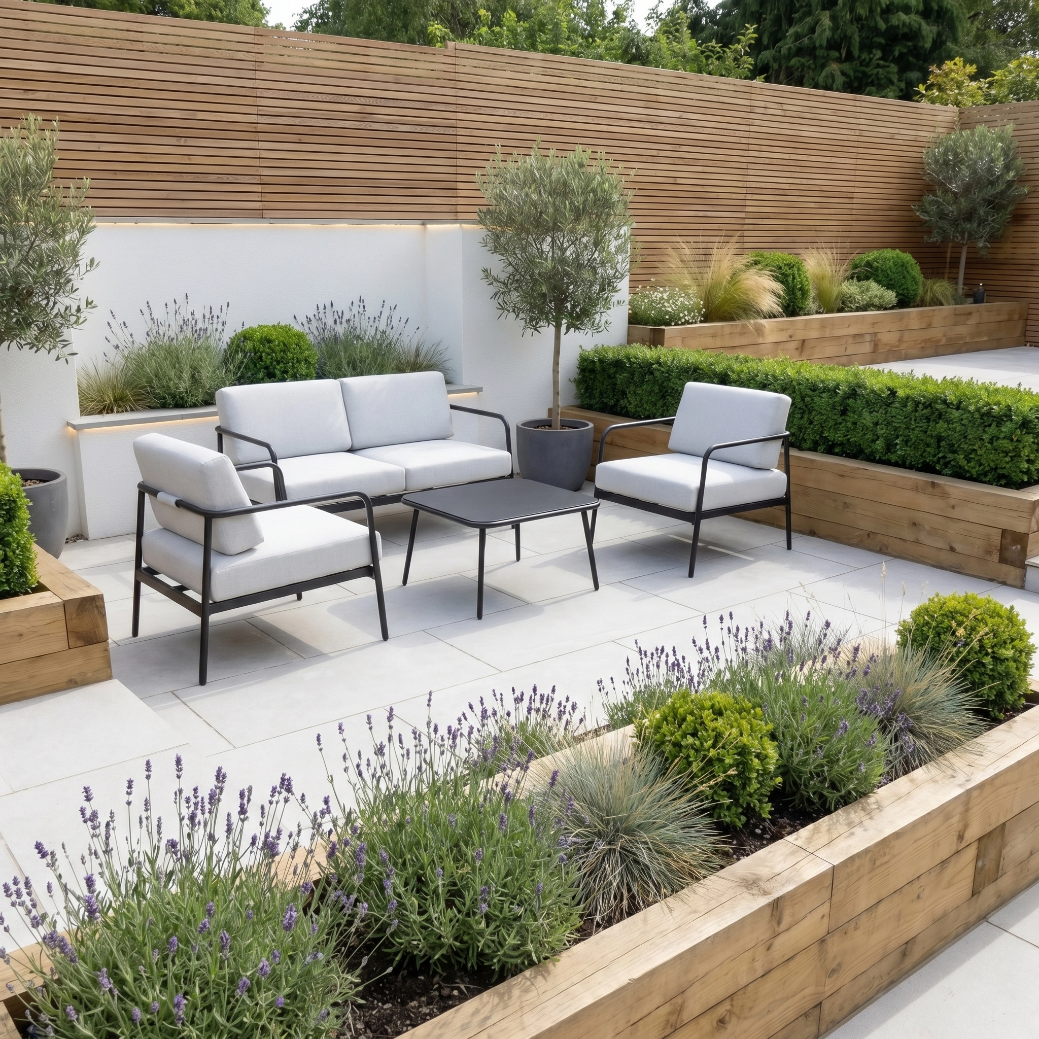 Modern outdoor patio featuring the Aspen 2 Seat Sofa with Coffee Table in Light Grey, weather-resistant white cushioned seating, and surrounded by lush garden beds filled with vibrant plants and flowers.