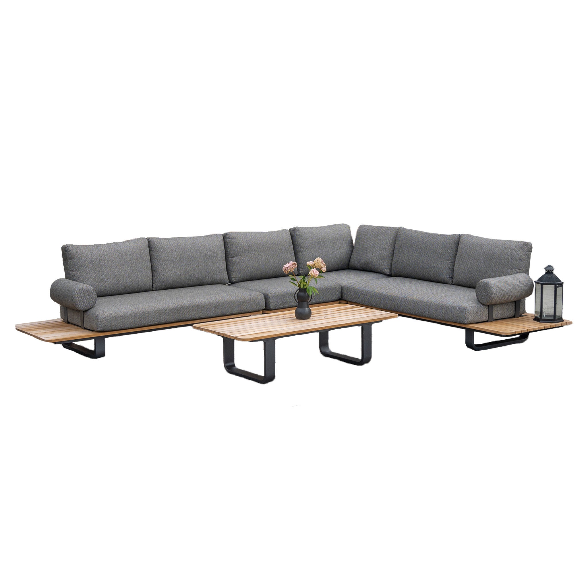 Bay Large Corner Group Set with 4 Waist Pillows and Teak Table in Charcoal