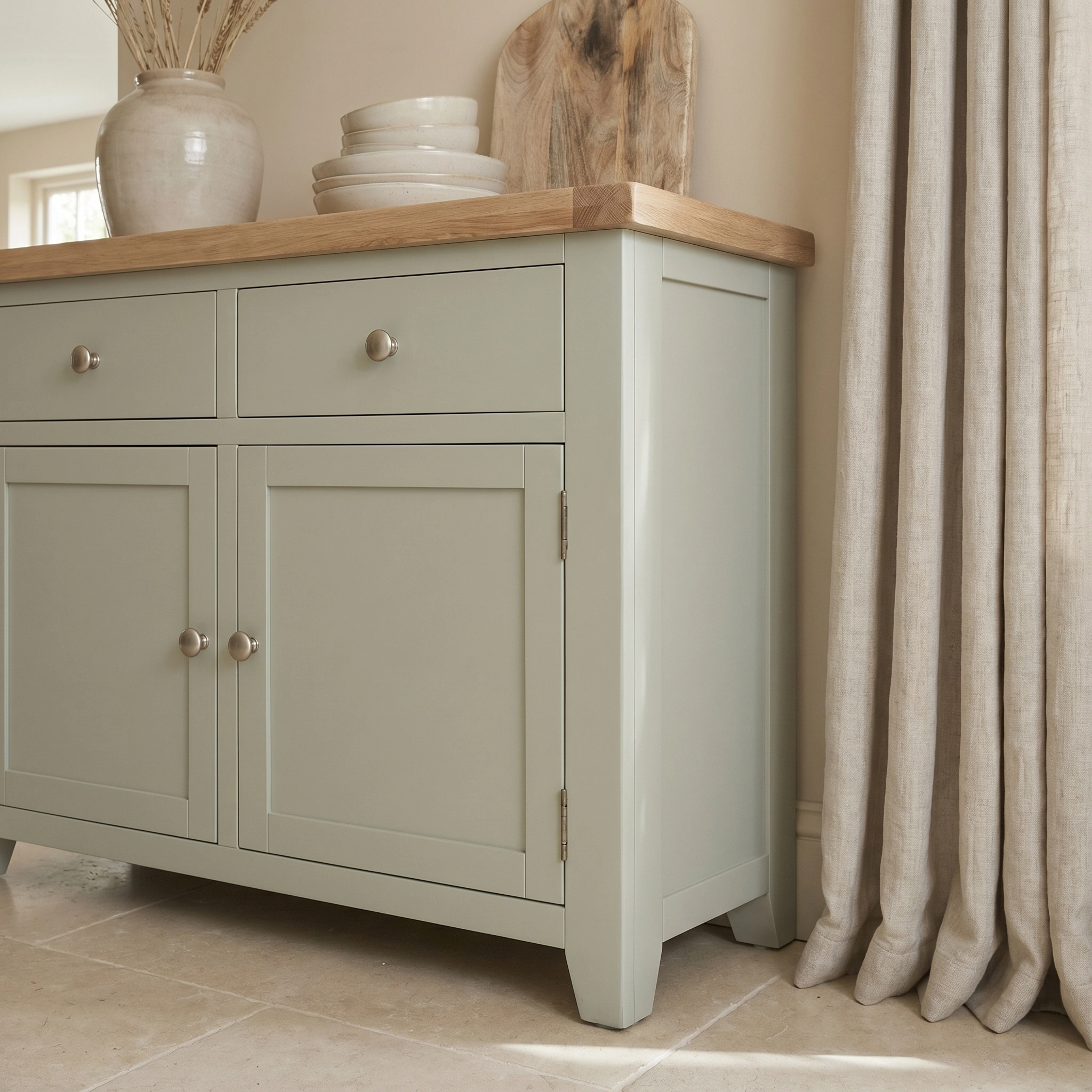 The Burford 2 Door 2 Drawers Sideboard in Sage Green, styled with pottery and decor, sits elegantly next to beige curtains.