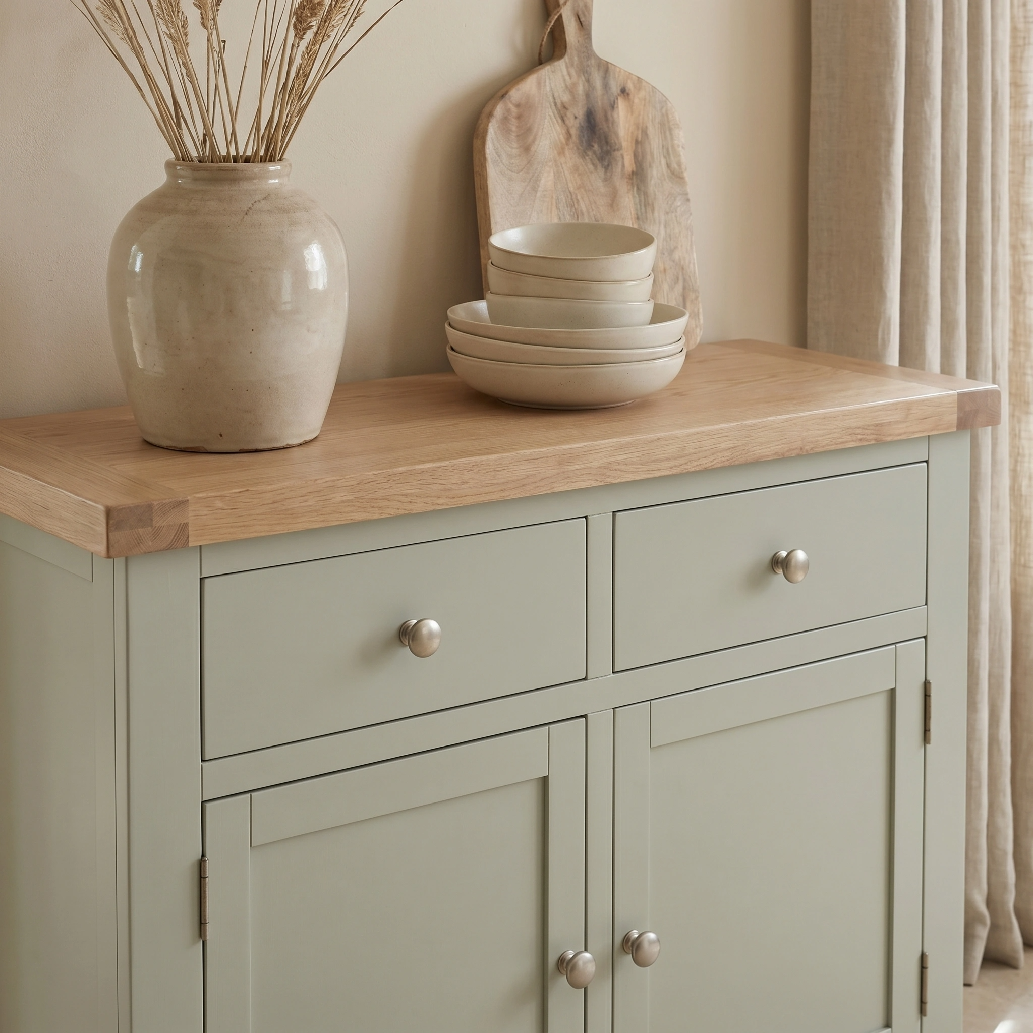 The Burford 2 Door 2 Drawers Sideboard in Sage Green, topped with a wooden board, ceramic vase of dried grasses, and bowls, completes this charming display.