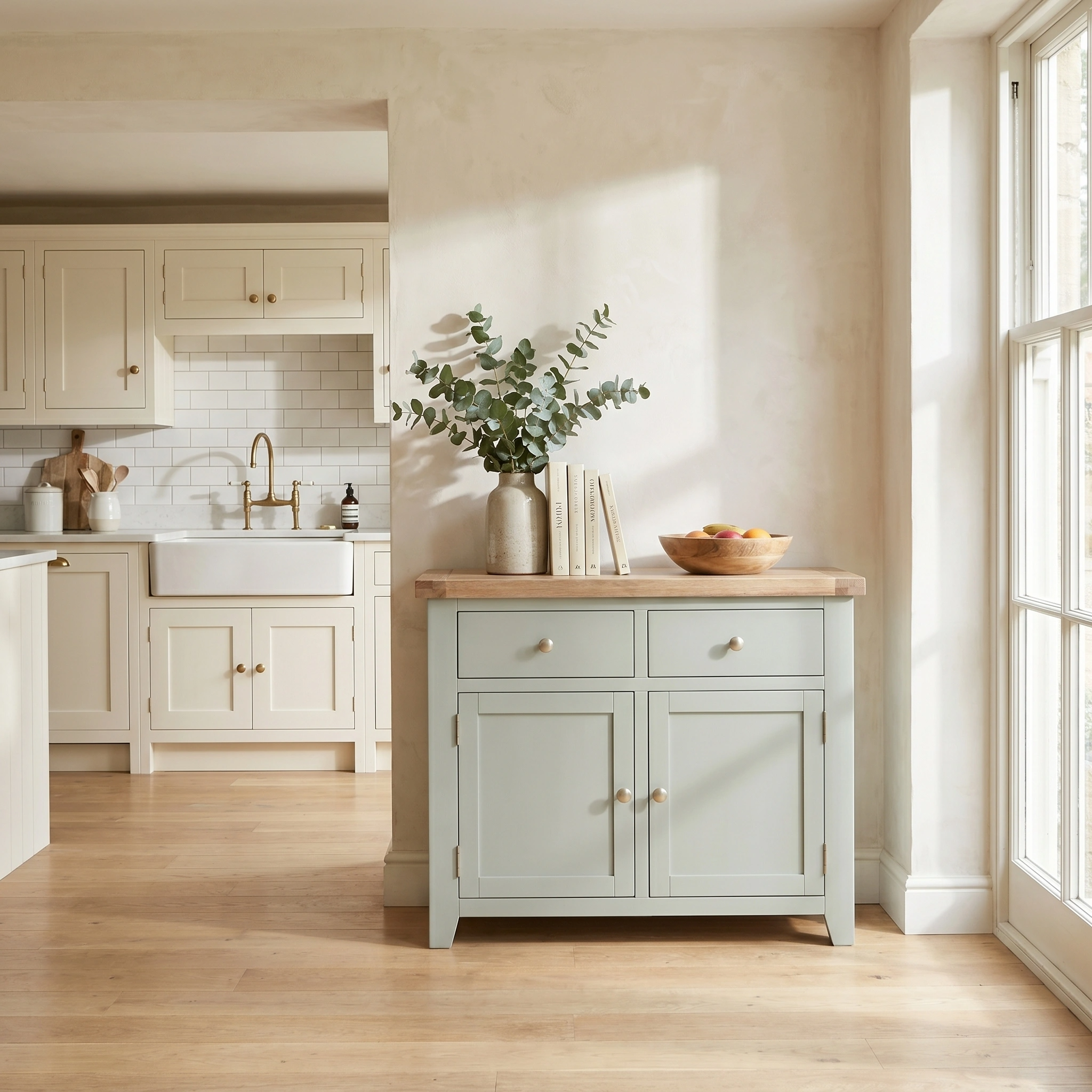 A light, airy kitchen with pale cabinets, wooden floors, and the elegant Burford 2 Door 2 Drawers Sideboard in Sage Green adorned with a vase of greenery by the window.