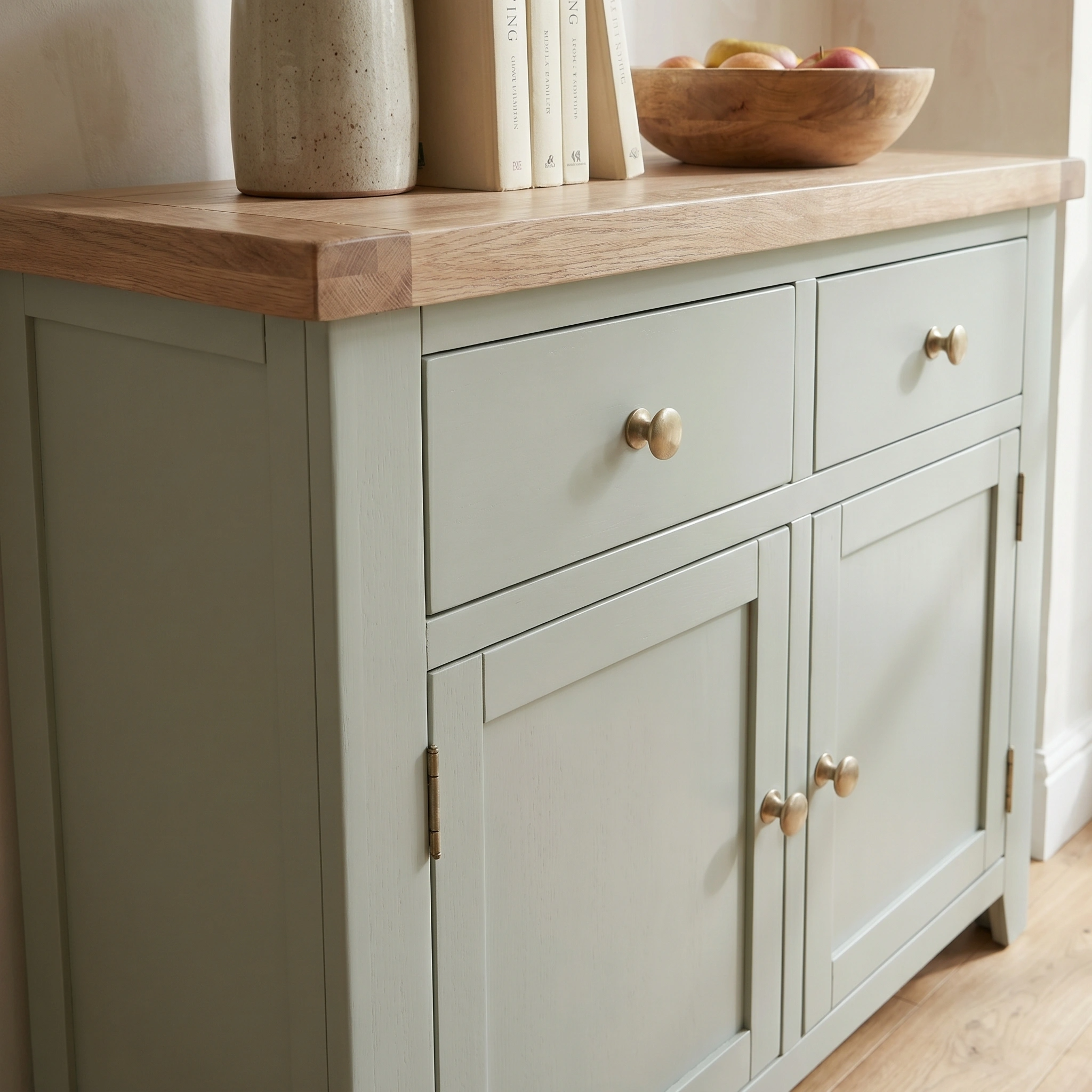A Burford 2 Door 2 Drawers Sideboard in Sage Green with a wooden top, featuring books, a vase, and a bowl of apples on it.
