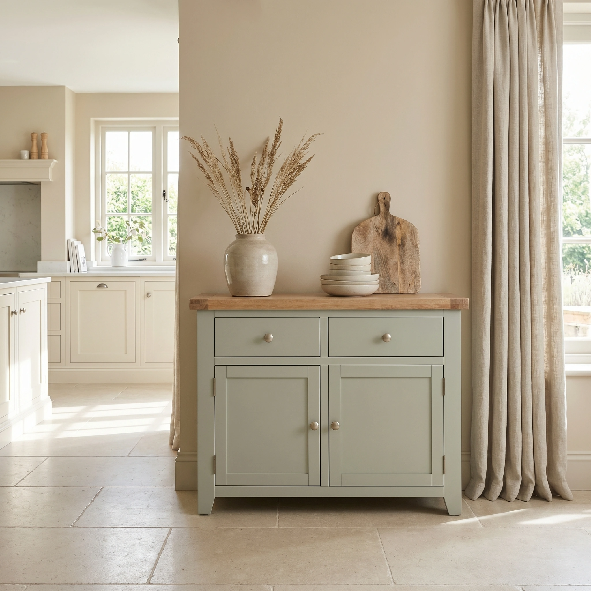 Light-filled kitchen featuring the Burford 2 Door 2 Drawers Sideboard in Sage Green, styled with a ceramic vase, plates, and cutting boards near beige curtains.