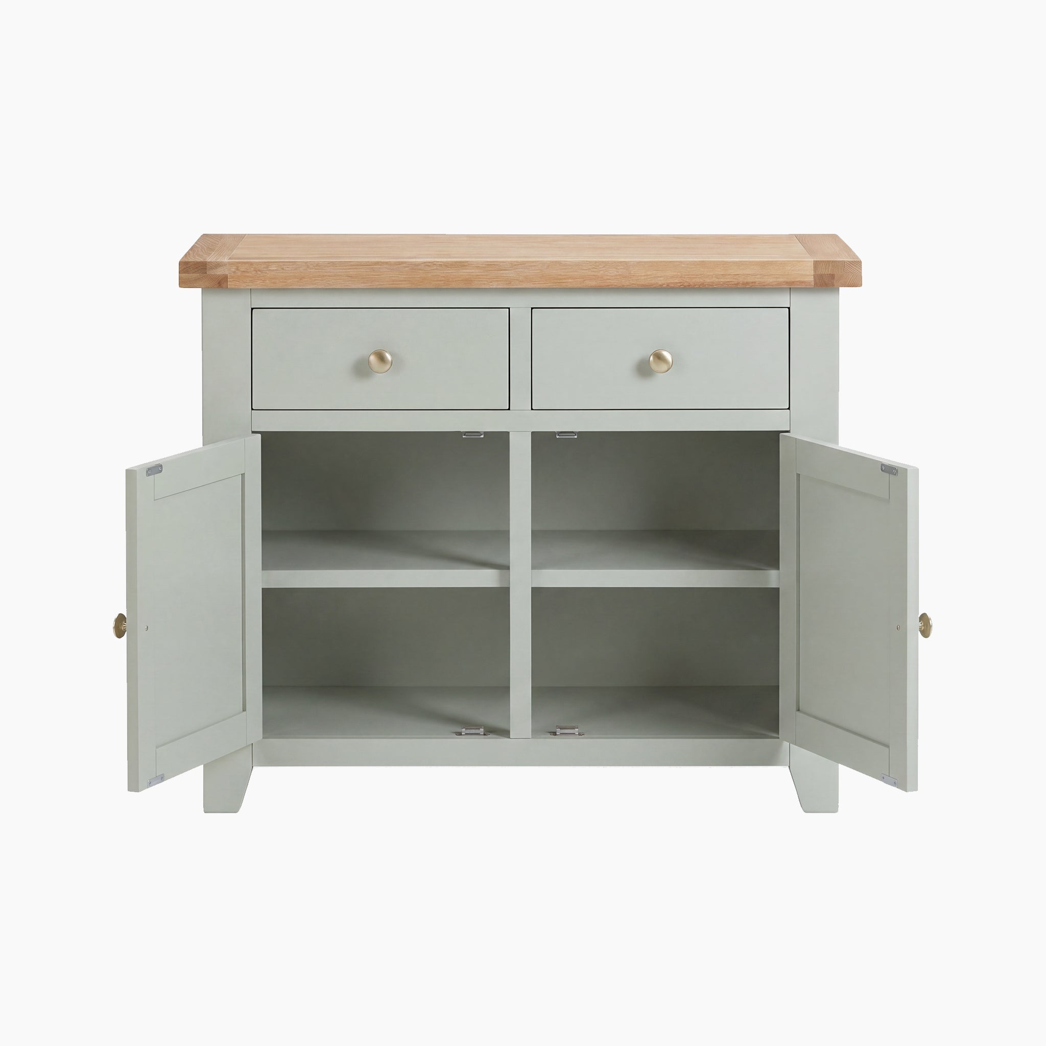 Sage green Burford 2 Door 2 Drawers Sideboard with a wood top, double doors opening to two shelves inside, and two drawers for extra storage.