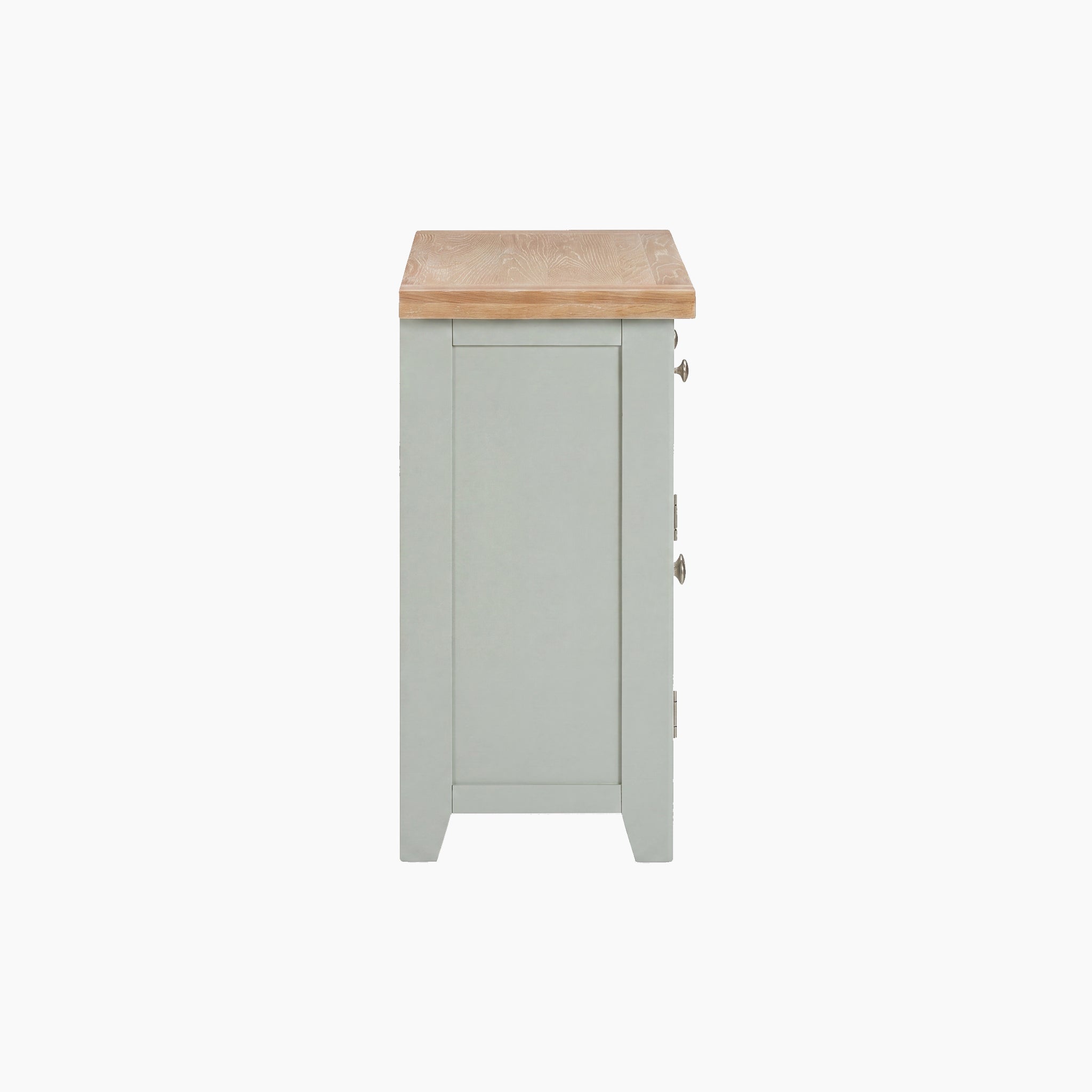 Side view of the Burford 2 Door 2 Drawers Sideboard in sage green with a natural wood top and silver handles, shown against a white background.