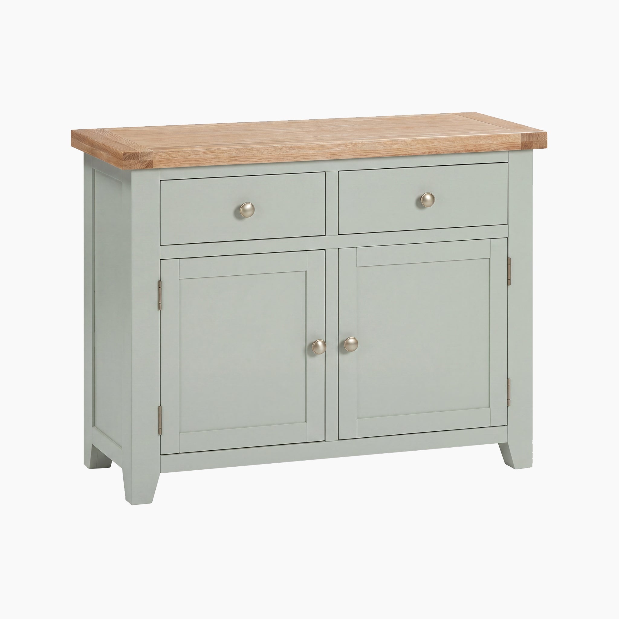 The Burford 2 Door 2 Drawers Sideboard in Sage Green features a natural wood top, two drawers, and two cabinet doors with round knobs—ideal for bringing fresh style to your space.