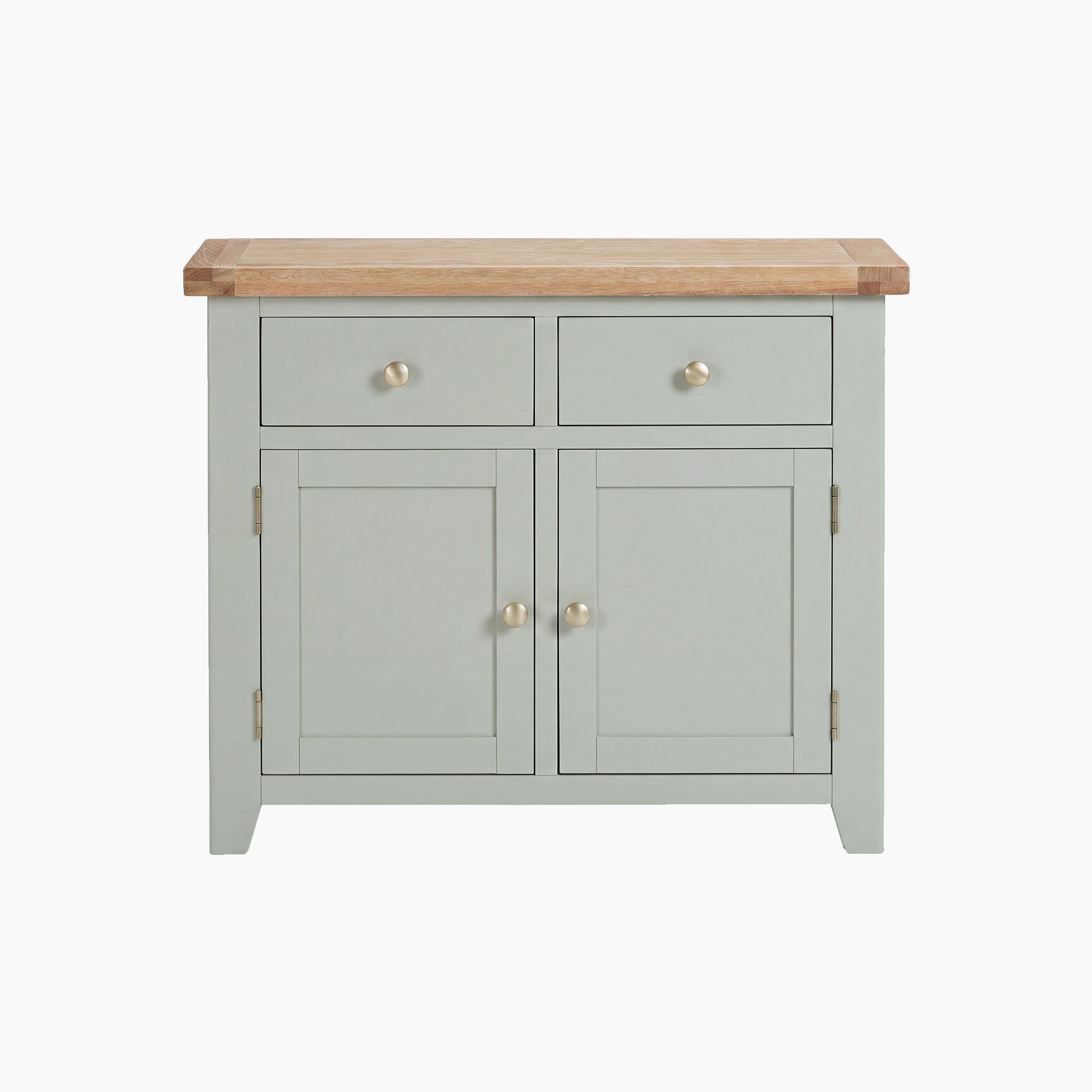 Sage green Burford 2 Door 2 Drawers Sideboard featuring two drawers and cabinet doors, topped with a natural wood surface—a classic, timeless design.