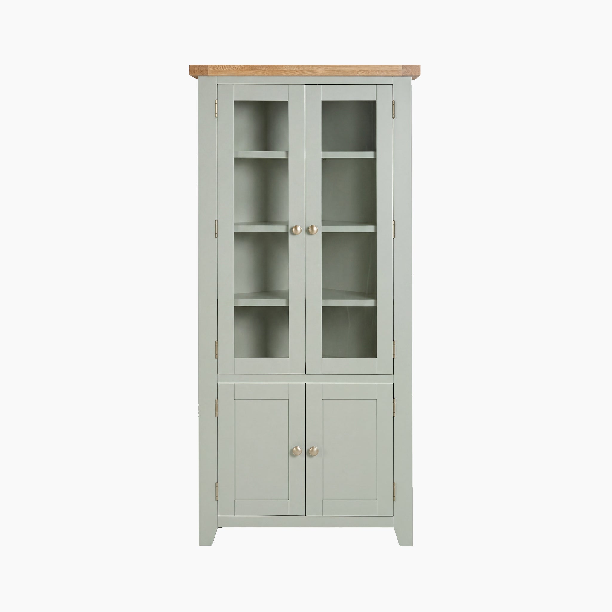 Sage green Burford Display Cabinet featuring glass-paneled upper doors, solid lower doors, a natural wood top, and classic Shaker design.