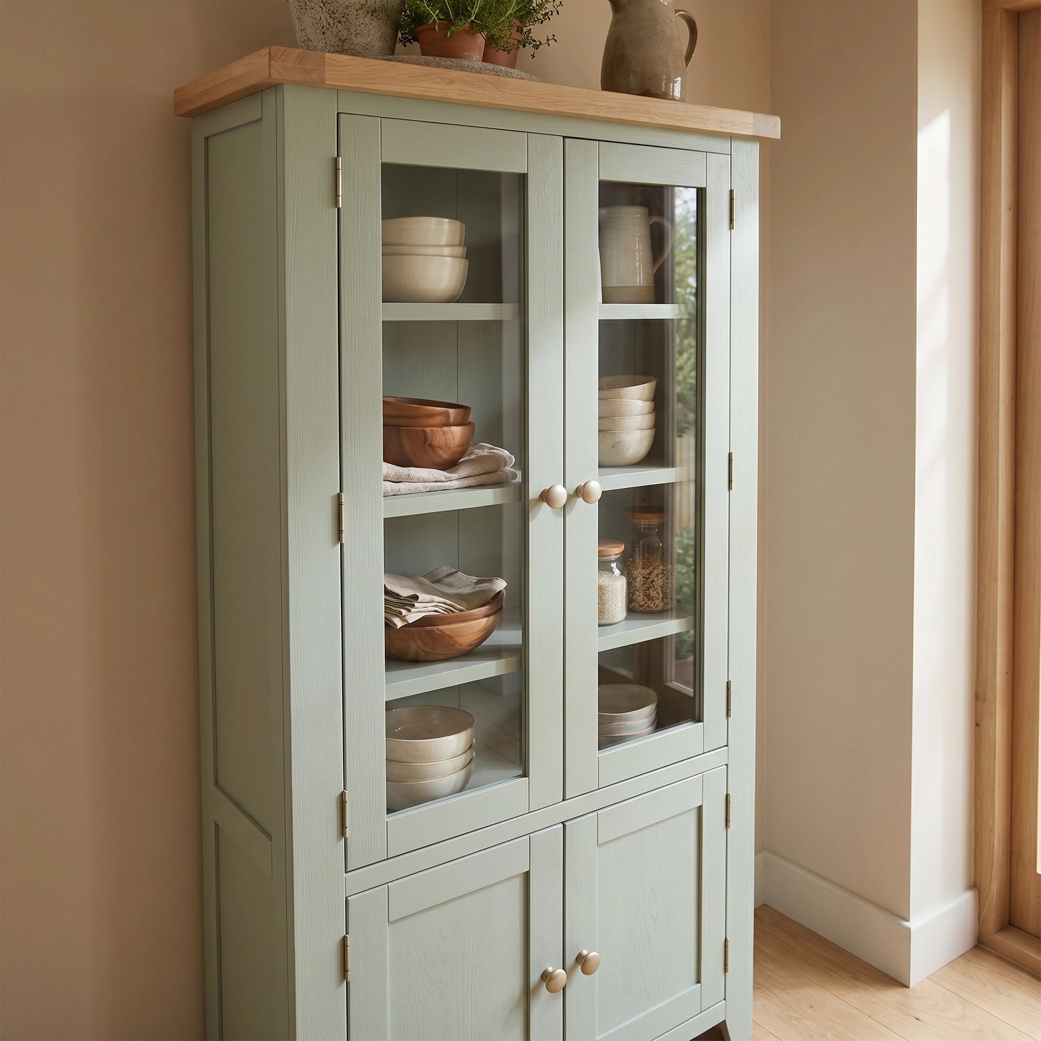 The Burford Display Cabinet in Sage Green features glass doors and shelves perfect for displaying neatly stacked bowls and dishes.