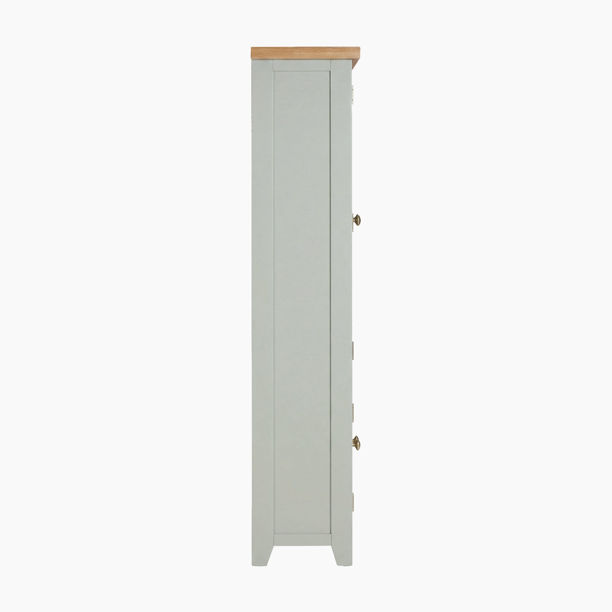 Side view of a tall, narrow Burford Display Cabinet in Sage Green with a natural wood top and classic Shaker design, shown against a white background.