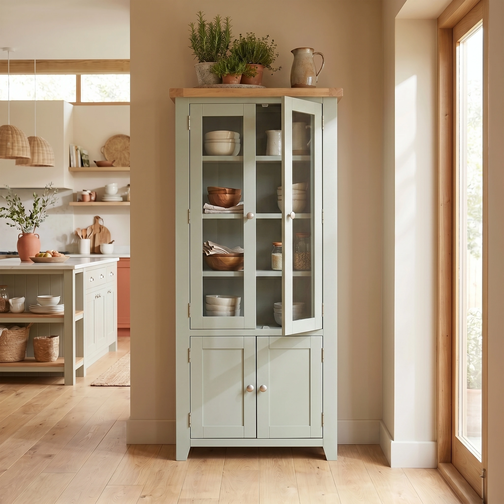 The Burford Display Cabinet in Sage Green with glass doors displays dishes, while potted plants sit on top and sunlight streams through a nearby window.