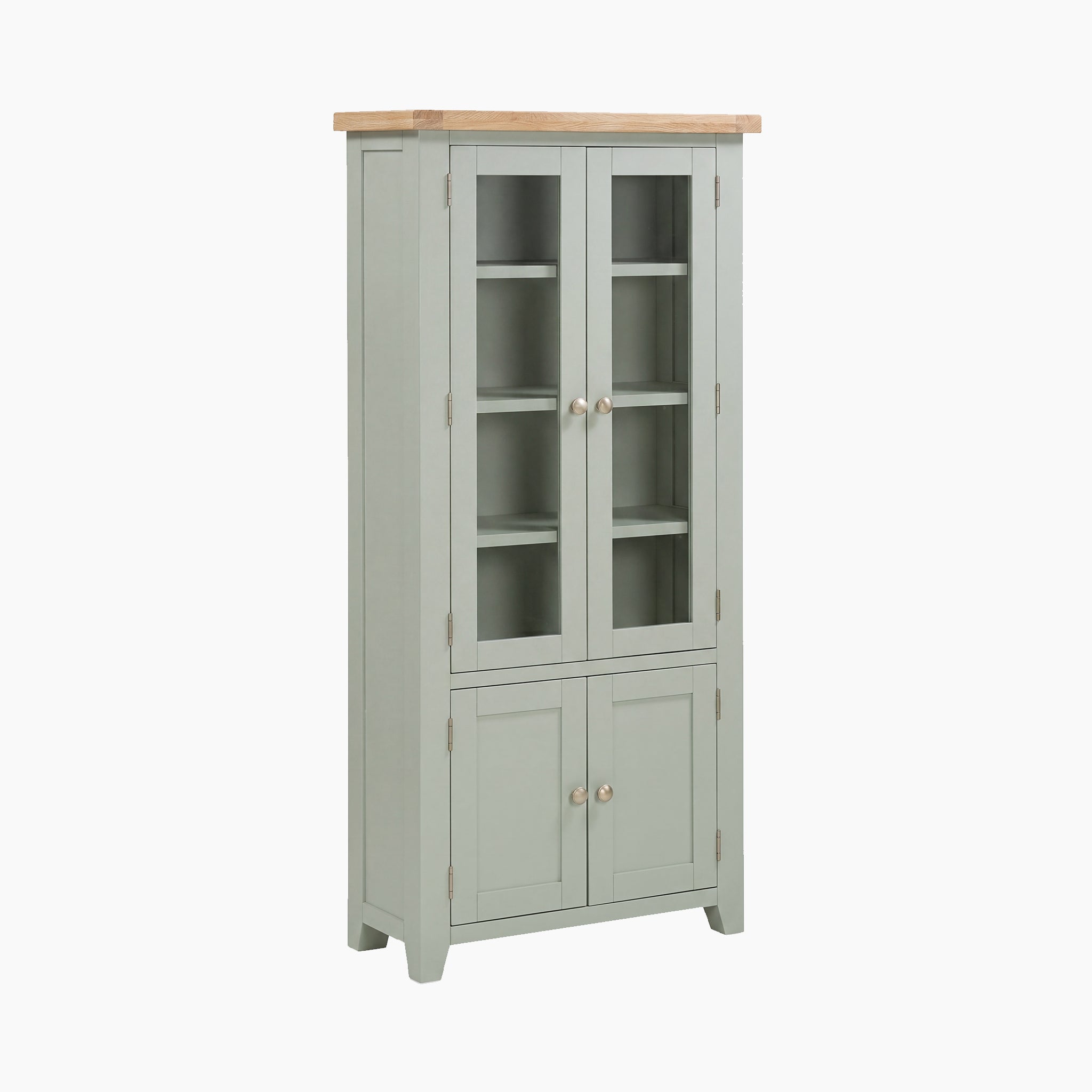The Burford Display Cabinet in Sage Green features a wooden top, classic Shaker style, glass-paneled upper doors, solid lower doors, and stands on short legs.
