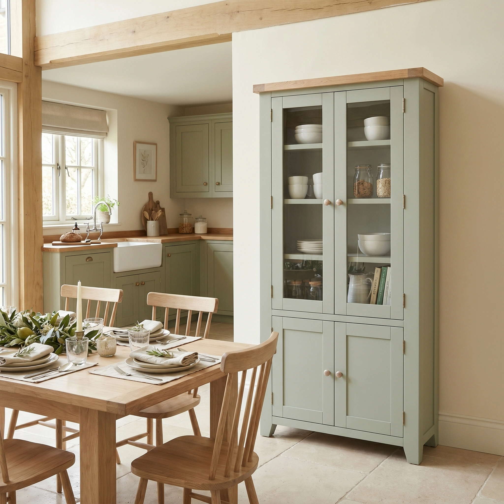 A light wood dining table set for a meal in a kitchen with sage green Shaker cabinets and a matching Burford Display Cabinet in Sage Green.