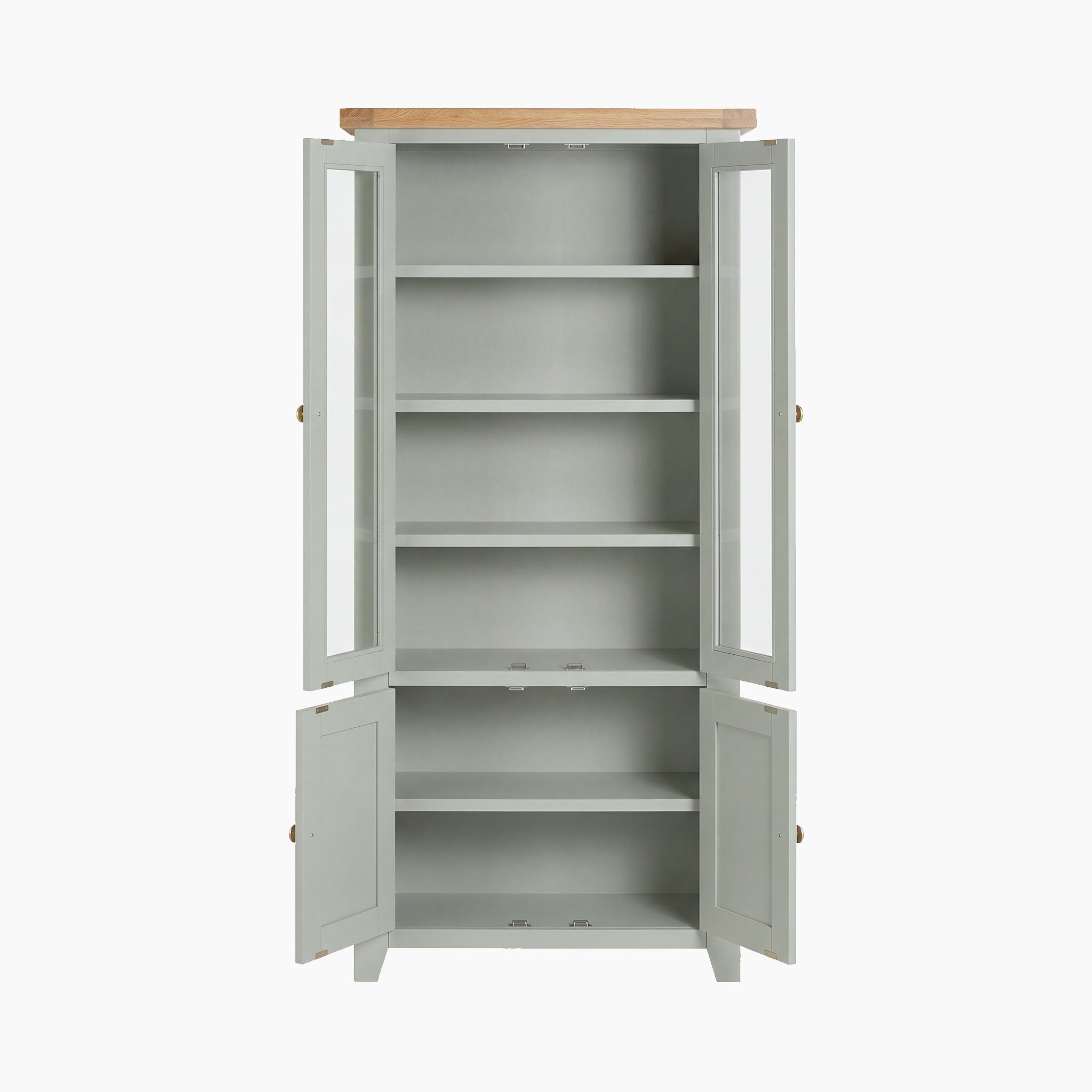 The Burford Display Cabinet in Sage Green features a classic Shaker design with glass upper doors, solid lower doors, a wooden top, and multiple shelves, shown open.
