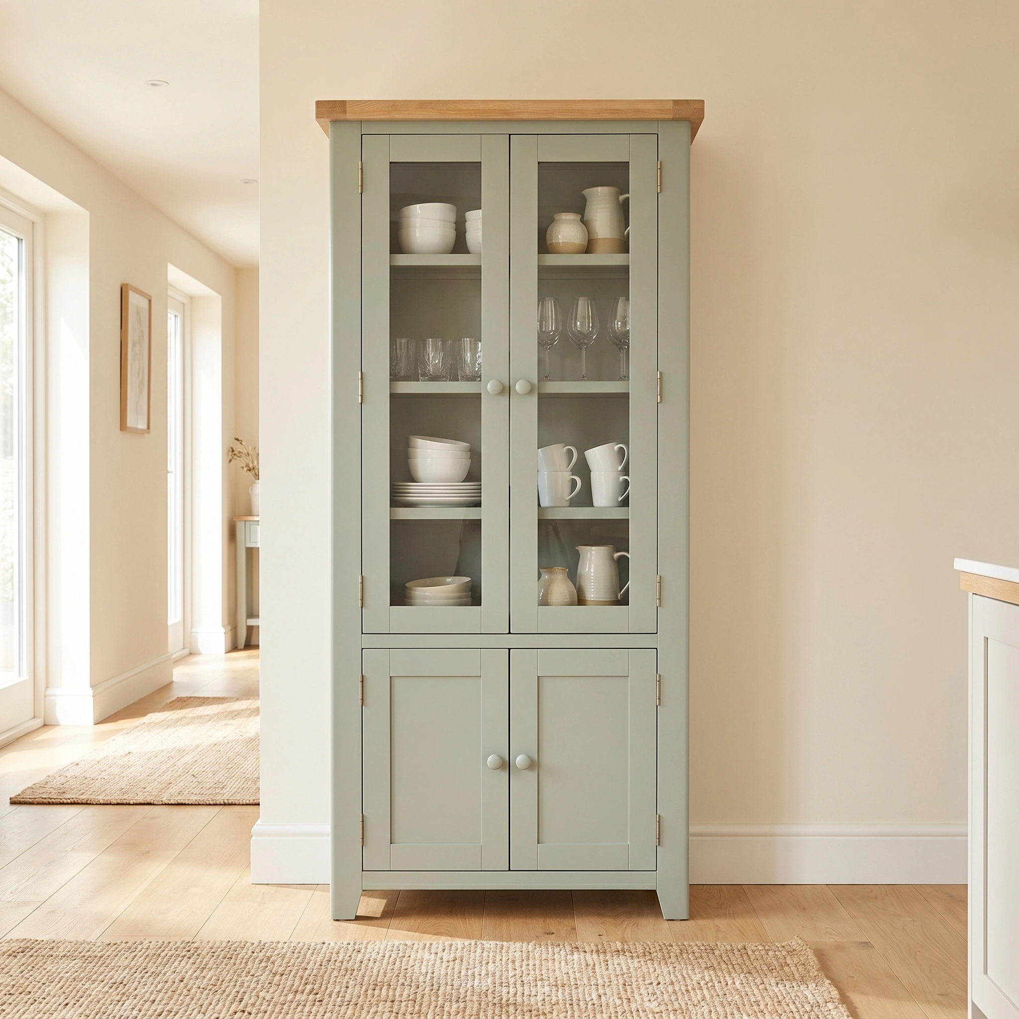 The Burford Display Cabinet in Sage Green features glass doors to display dishes and glasses, bringing classic Shaker style to bright, modern spaces.