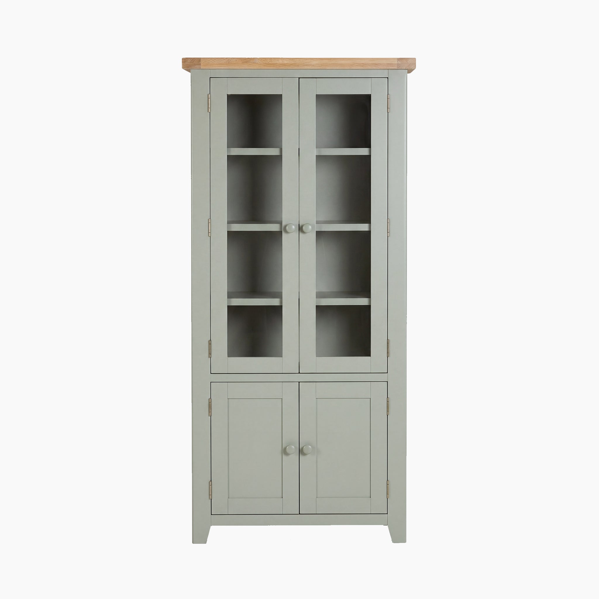 The Burford Display Cabinet in Sage Green features a classic Shaker design with glass double doors above, solid doors below, and a light wood top—now available in a stylish new sage green finish.