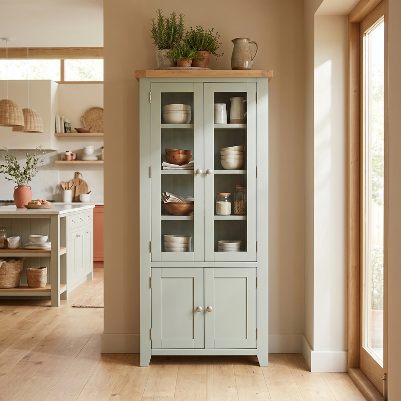 A Burford Display Cabinet in Sage Green with glass doors displays dishes and bowls, placed by a sunlit window in a modern kitchen.