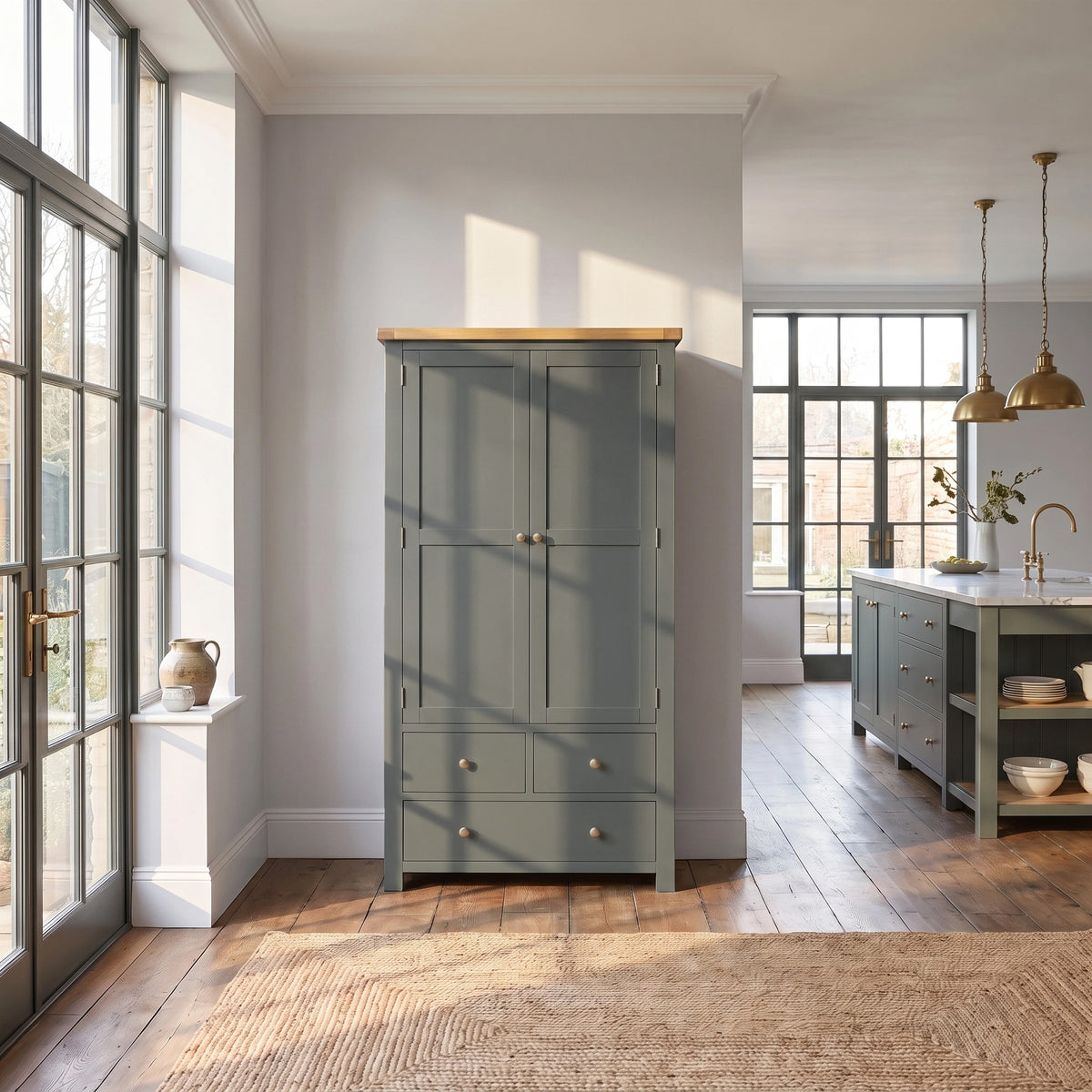 a room with a large glass door and a large cabinet