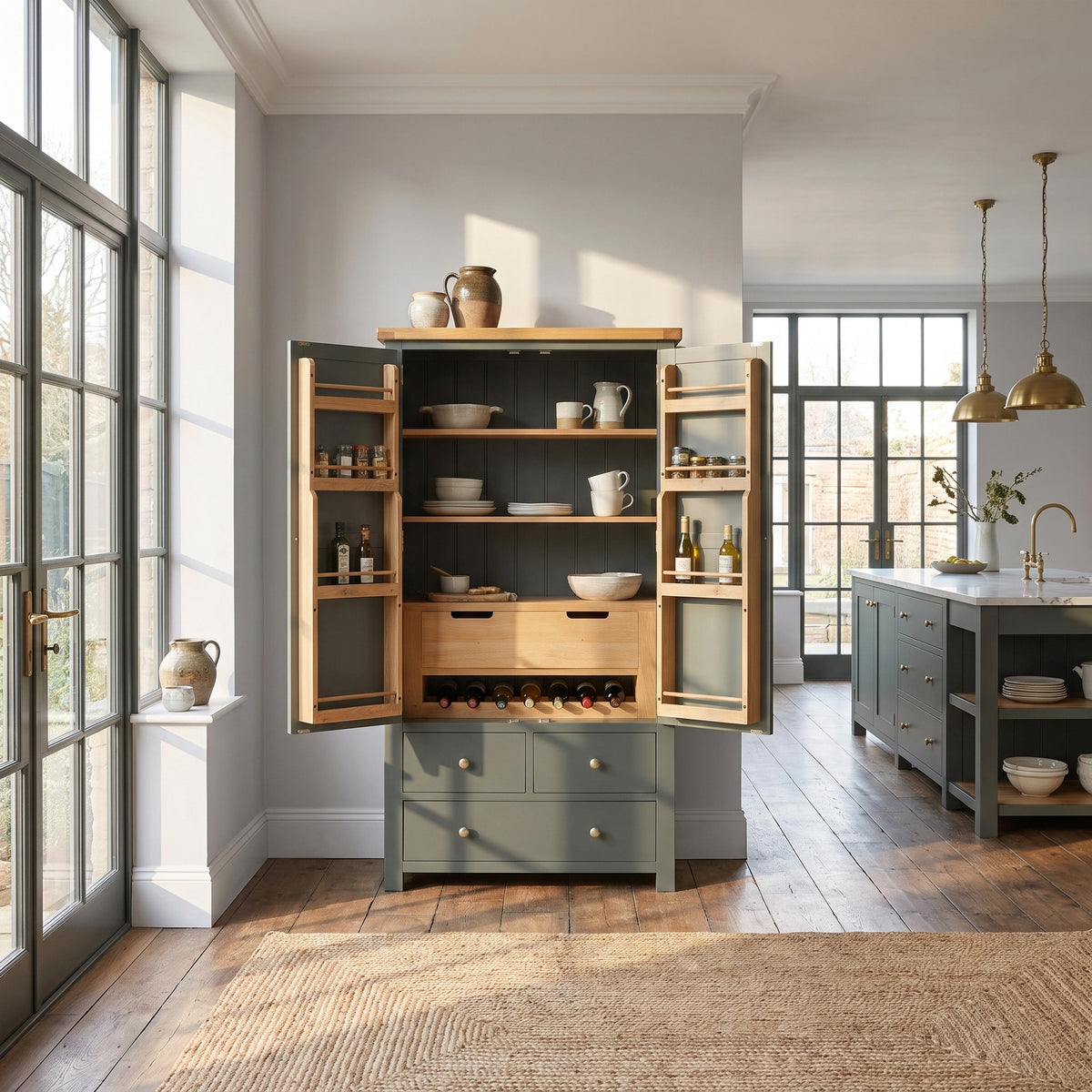 a kitchen with a large open cabinet