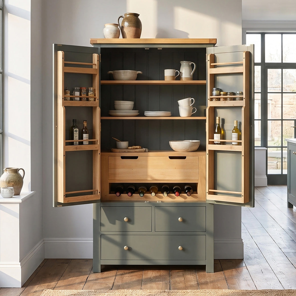 a cabinet with a shelf and shelves
