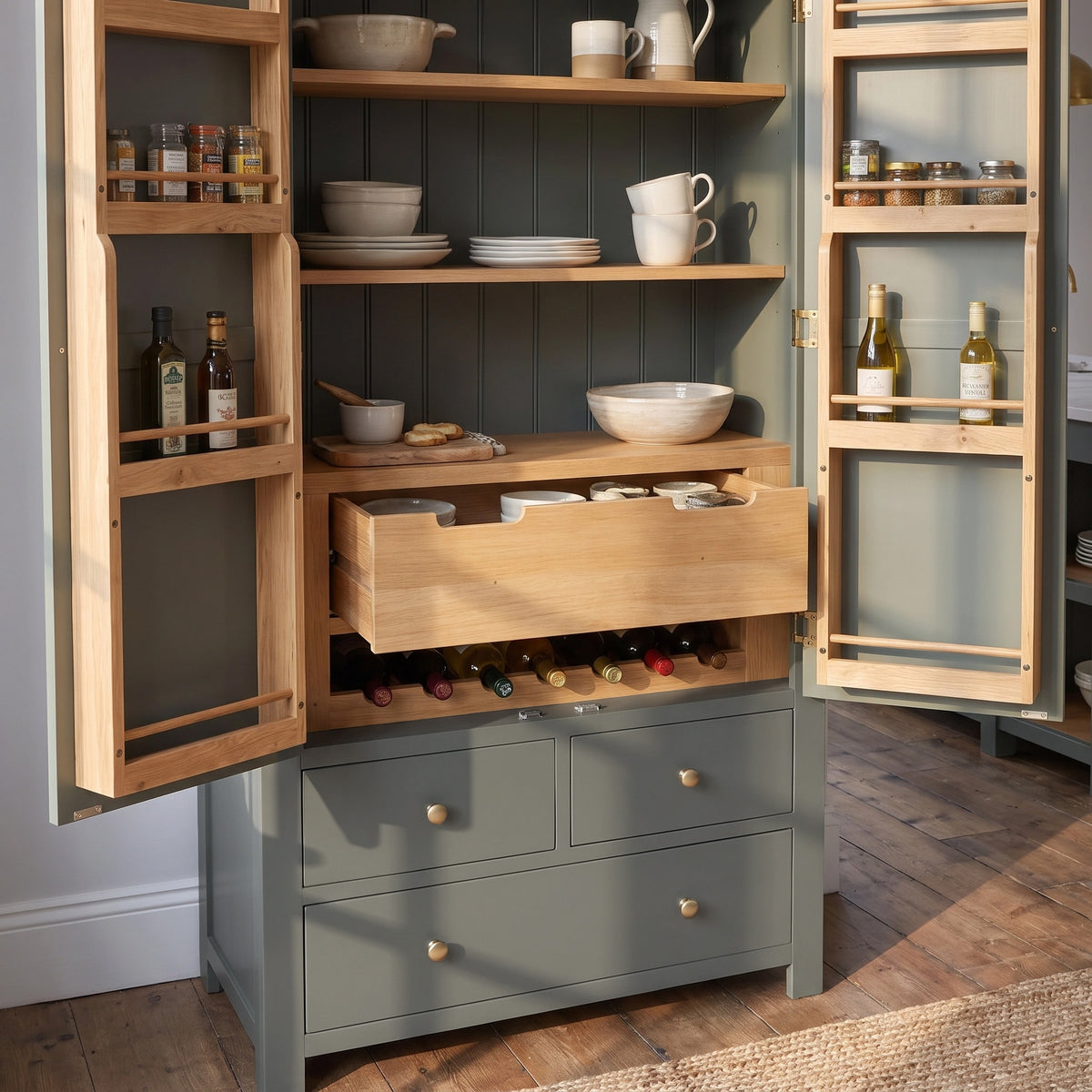 a cabinet with shelves and food items