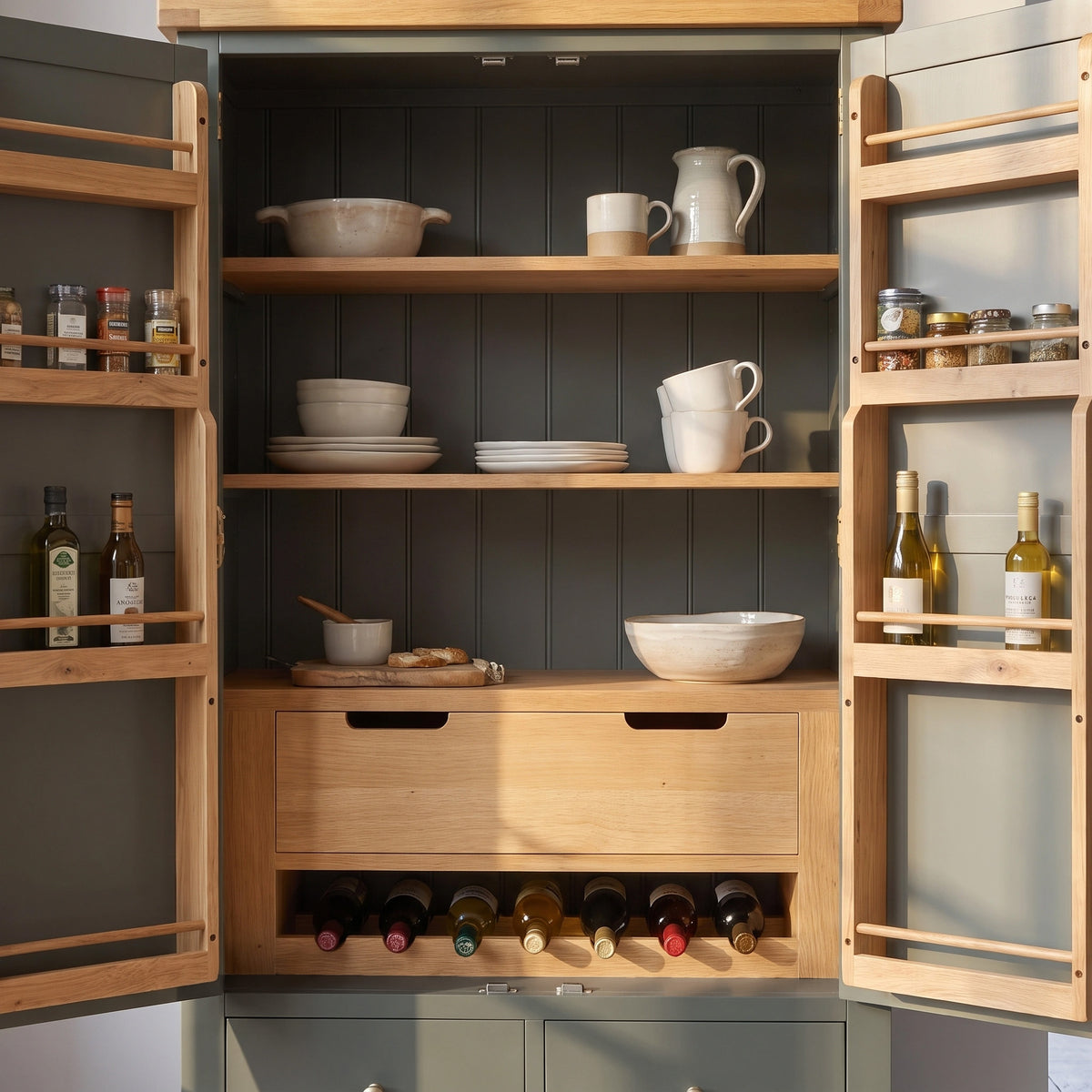 a cabinet with shelves and bottles of wine