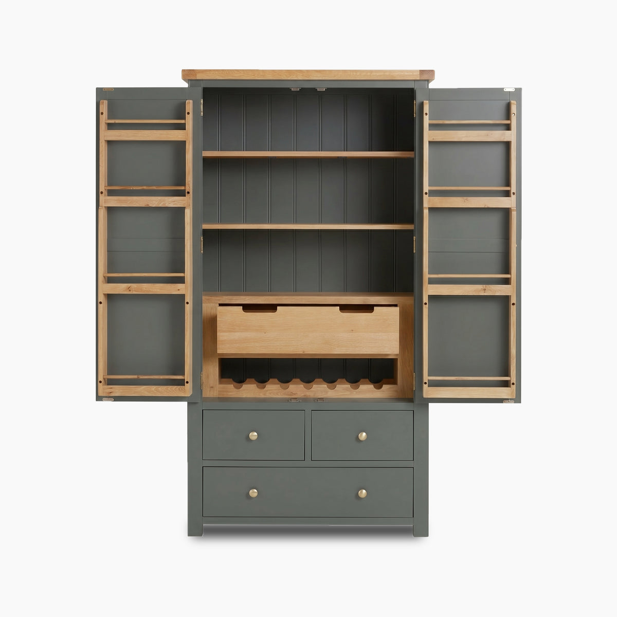 a grey cabinet with open shelves