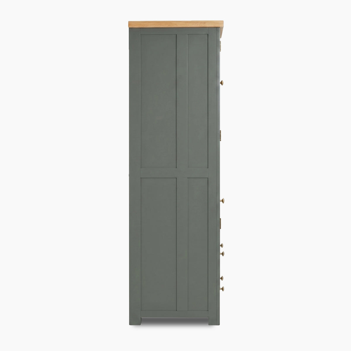 a grey cabinet with a wood top