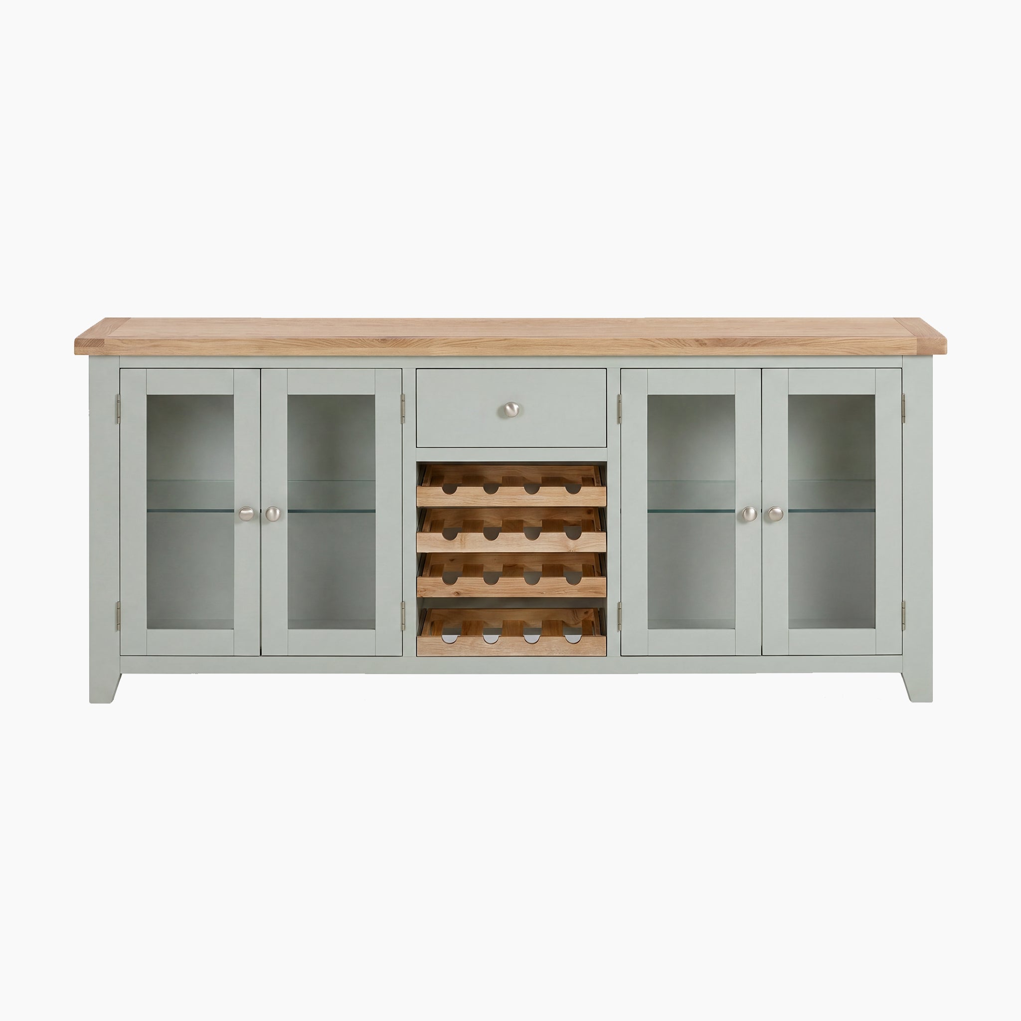 The Burford Grand Sideboard with Wine Rack in Sage Green features elegant glass doors, a central drawer, and a built-in wine rack to showcase your favorite bottles.