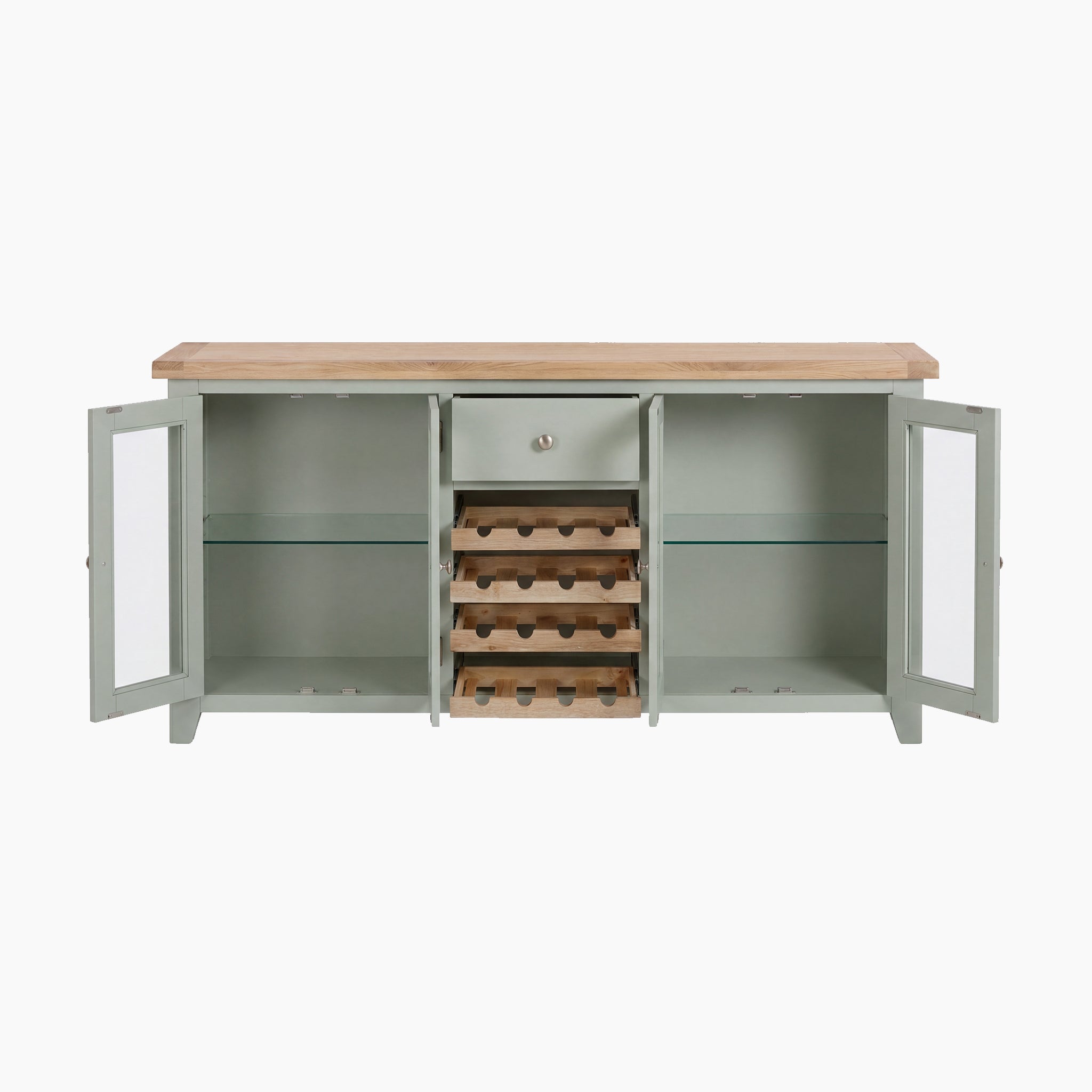 The Burford Grand Sideboard with Wine Rack in Sage Green features a wooden top, open doors, shelves, a drawer, and a central wine rack—ideal for stylish storage.