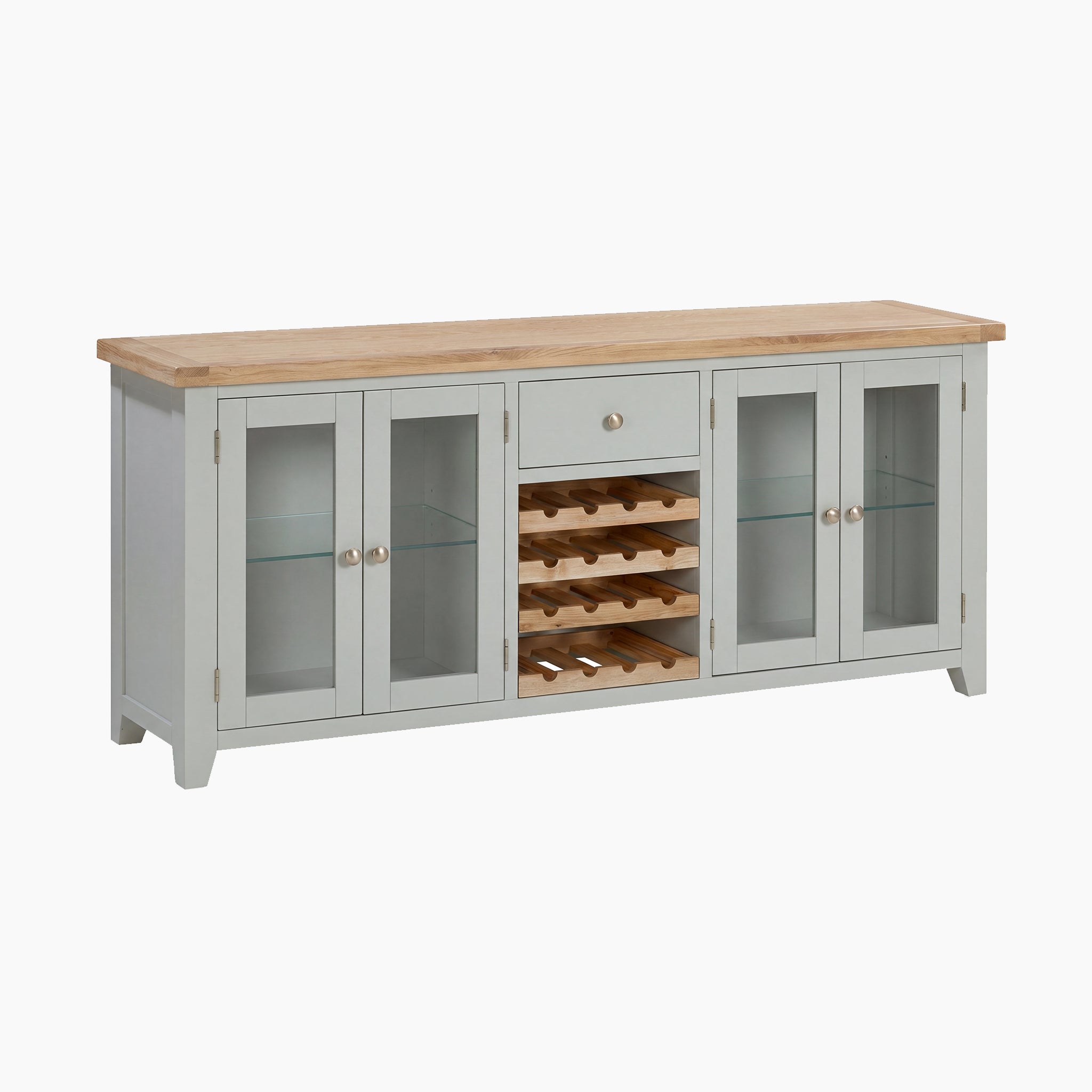 The Burford Grand Sideboard with Wine Rack in Sage Green features a wooden top, glass doors, central drawer, and built-in wine rack shelves—perfect for stylish storage and display.