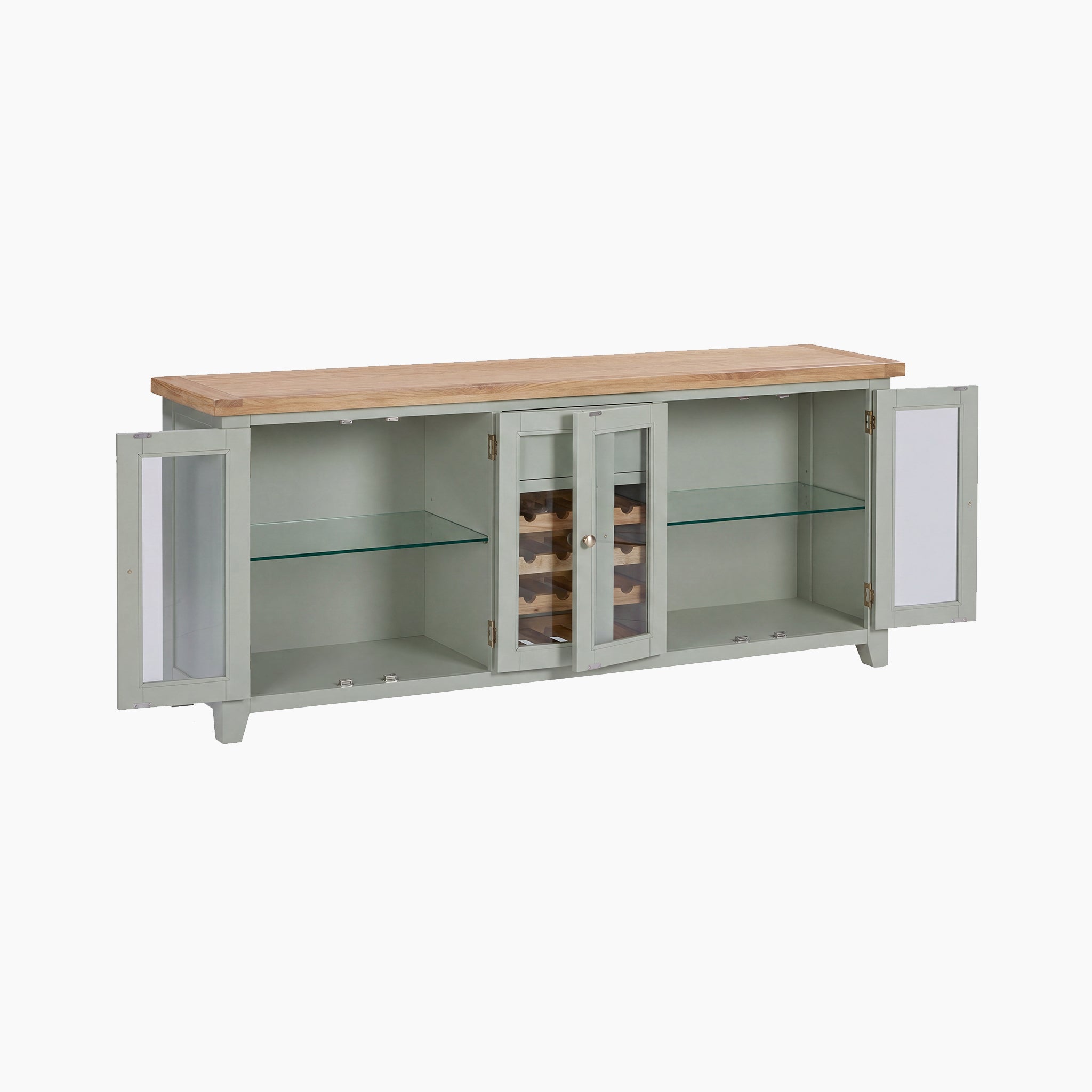 The Burford Grand Sideboard with Wine Rack in Sage Green features glass doors, a wooden top, shelves, and a central wine rack, all beautifully displayed on a white background.