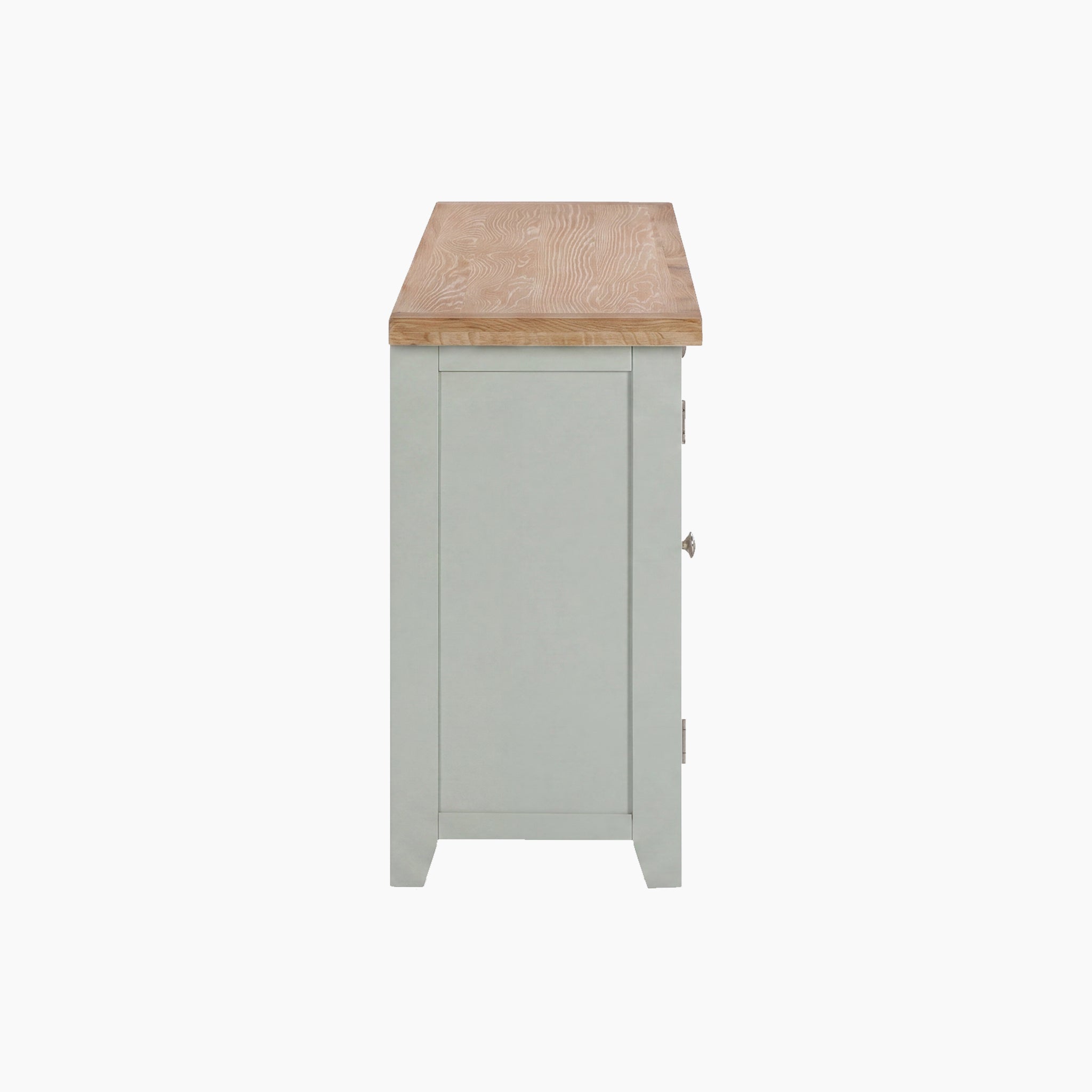 Side view of a Burford Grand Sideboard with Wine Rack in sage green, featuring a natural wood top, shown against a plain white background.