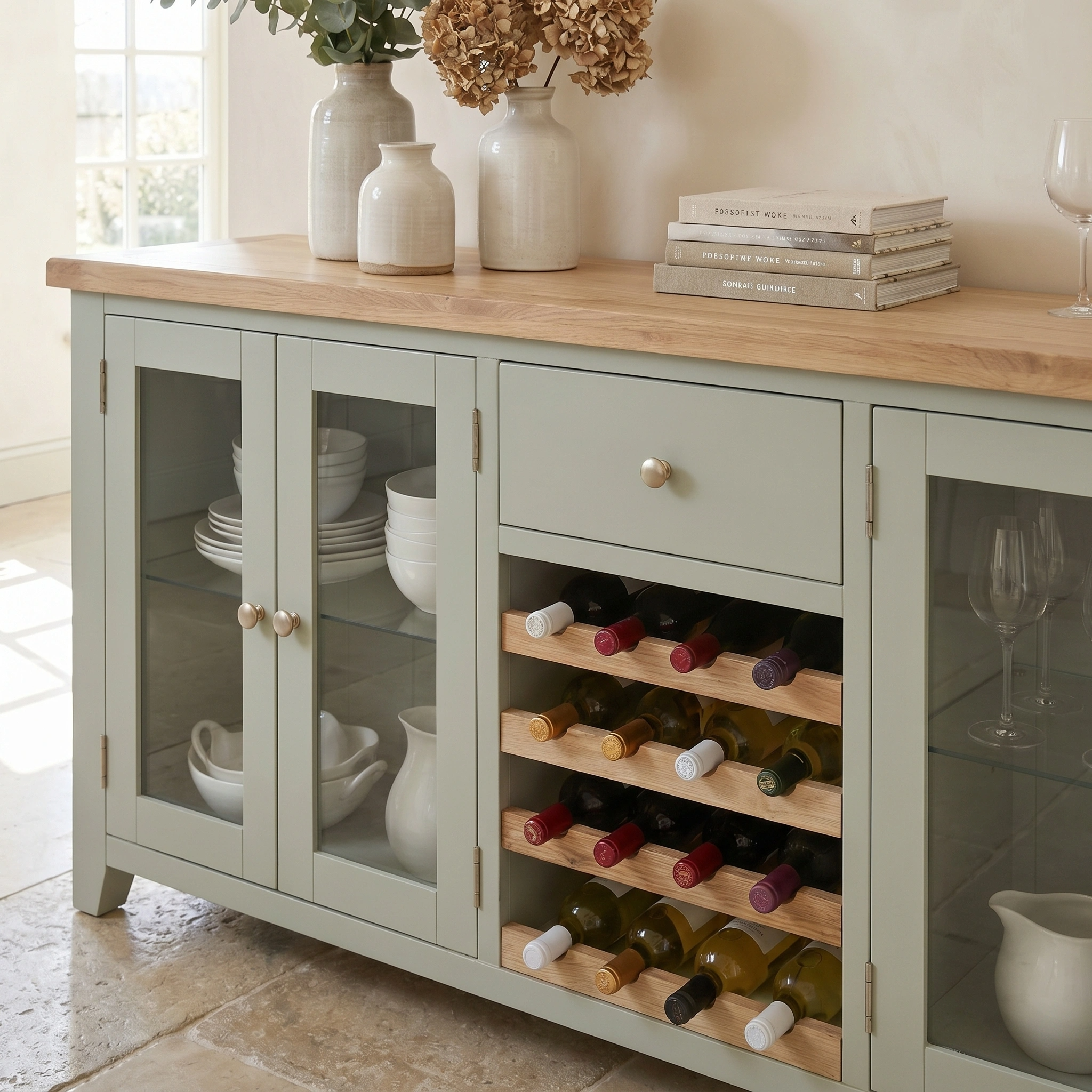The Burford Grand Sideboard with Wine Rack in Sage Green features glass doors, wine storage, and space for dishes or books—stylish and practical for organizing your space.