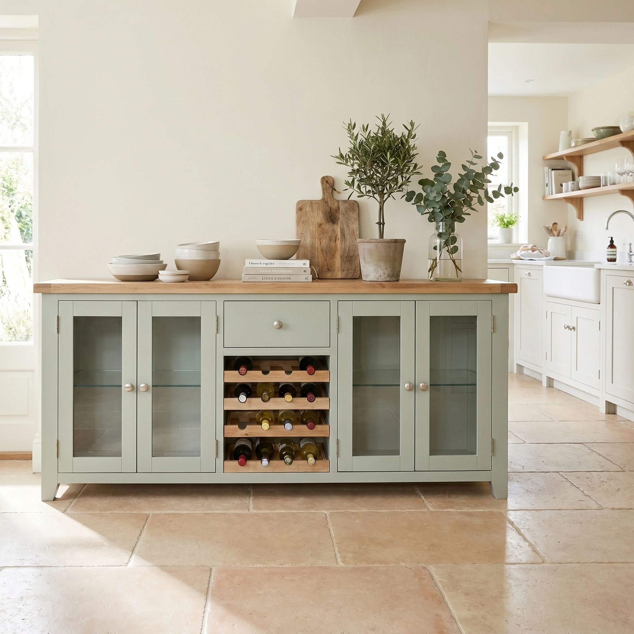 Sage green Burford Grand Sideboard with wine rack, glass doors, bowls, books, and plants on a tiled floor.