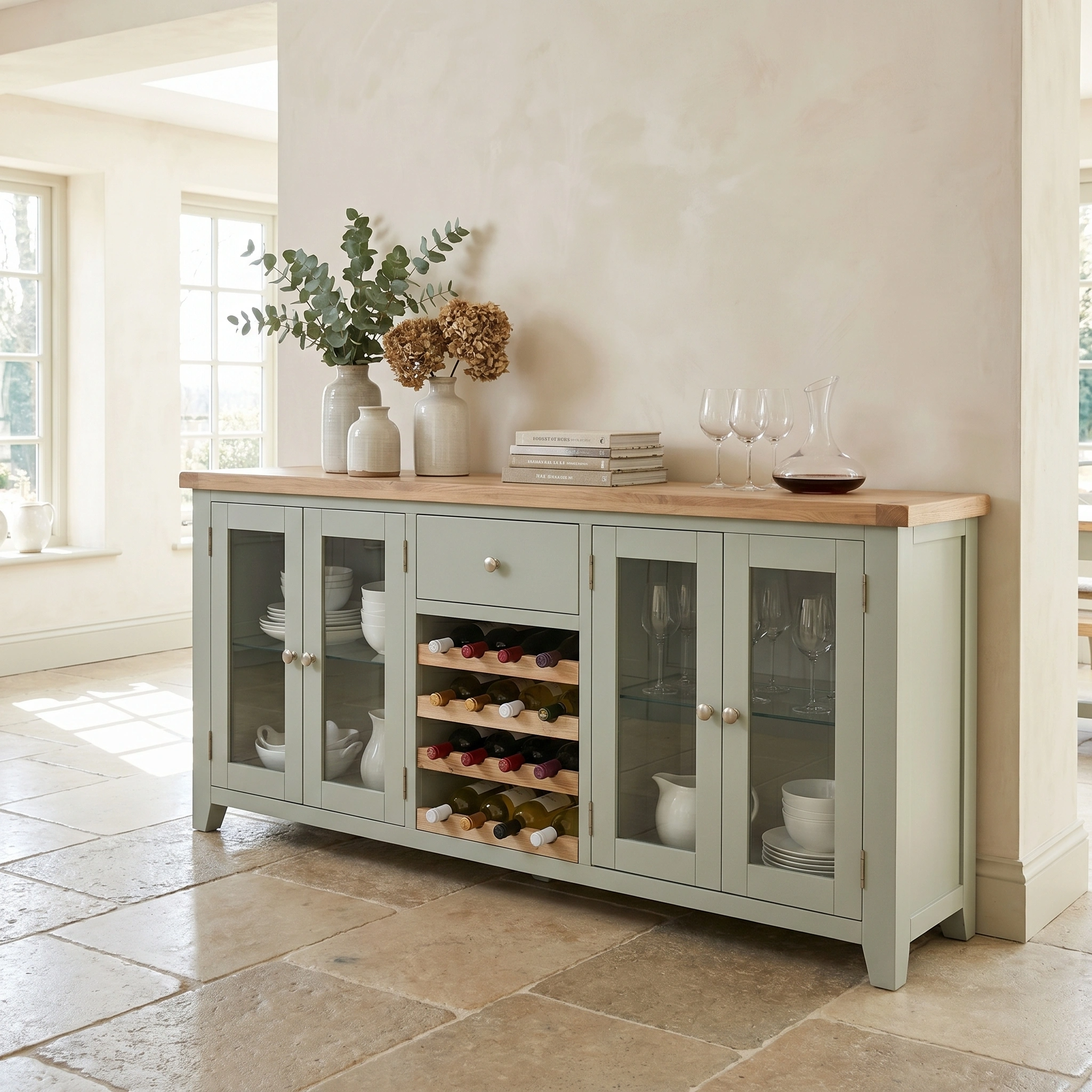 The Burford Grand Sideboard with Wine Rack in Sage Green features dishes behind glass doors and has glasses, books, and plants neatly arranged on top.