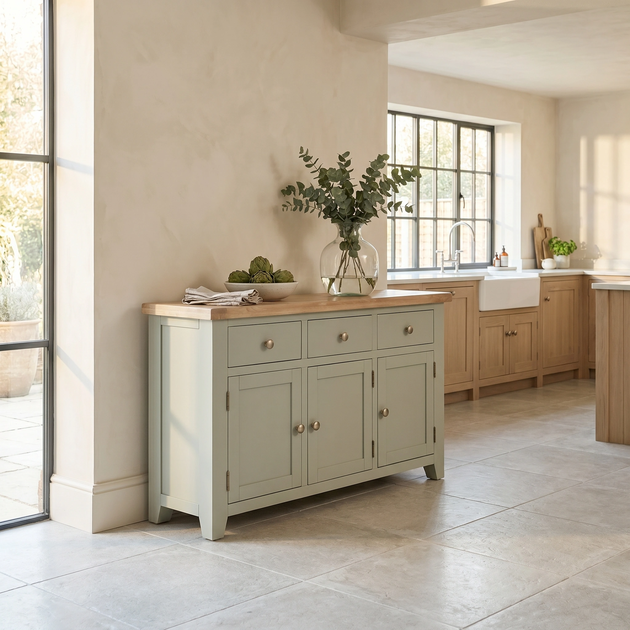A bright kitchen with large windows features the Burford Large 3 Door 3 Drawers Sideboard in Sage Green with an oak top and a vase of green foliage on it.