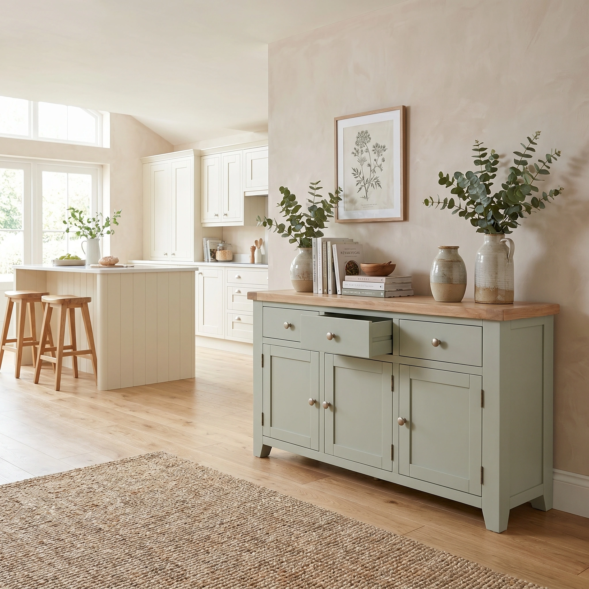 Bright kitchen and dining area with light wood floors and the Burford Large 3 Door 3 Drawers Sideboard in Sage Green, featuring an oak top and vases of greenery on display.