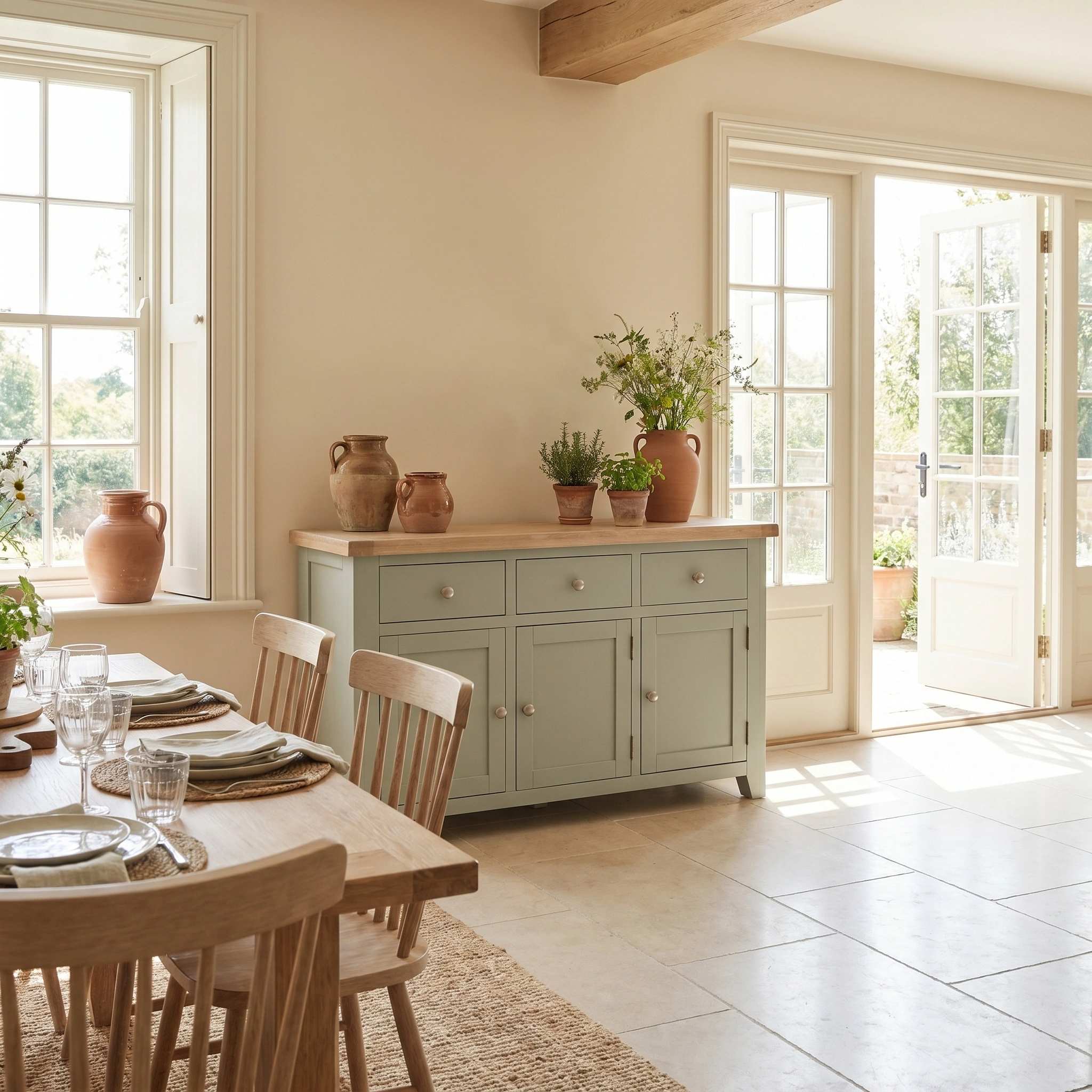 Bright kitchen with wooden table, chairs, and the Burford Large 3 Door 3 Drawers Sideboard in Sage Green with an oak top, plus potted plants near open patio doors.