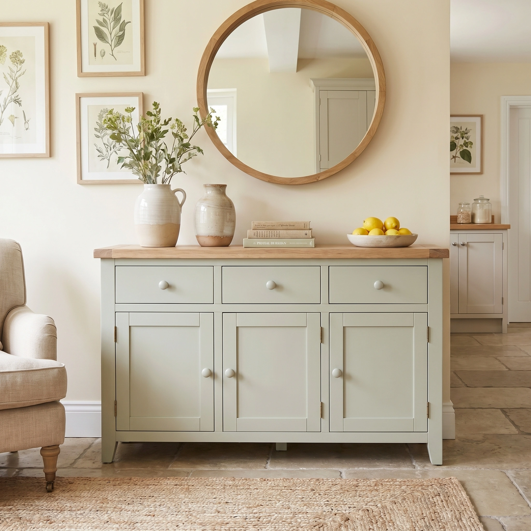A cozy, bright room showcases the Burford Large 3 Door 3 Drawers Sideboard in Sage Green with an oak top, paired with a round mirror, vases, books, and a bowl of lemons.