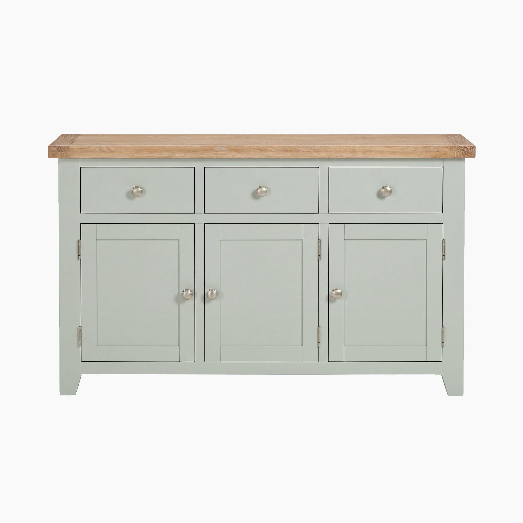The Burford Large 3 Door 3 Drawers Sideboard in Sage Green features three drawers and three cabinet doors, complemented by a light oak top.