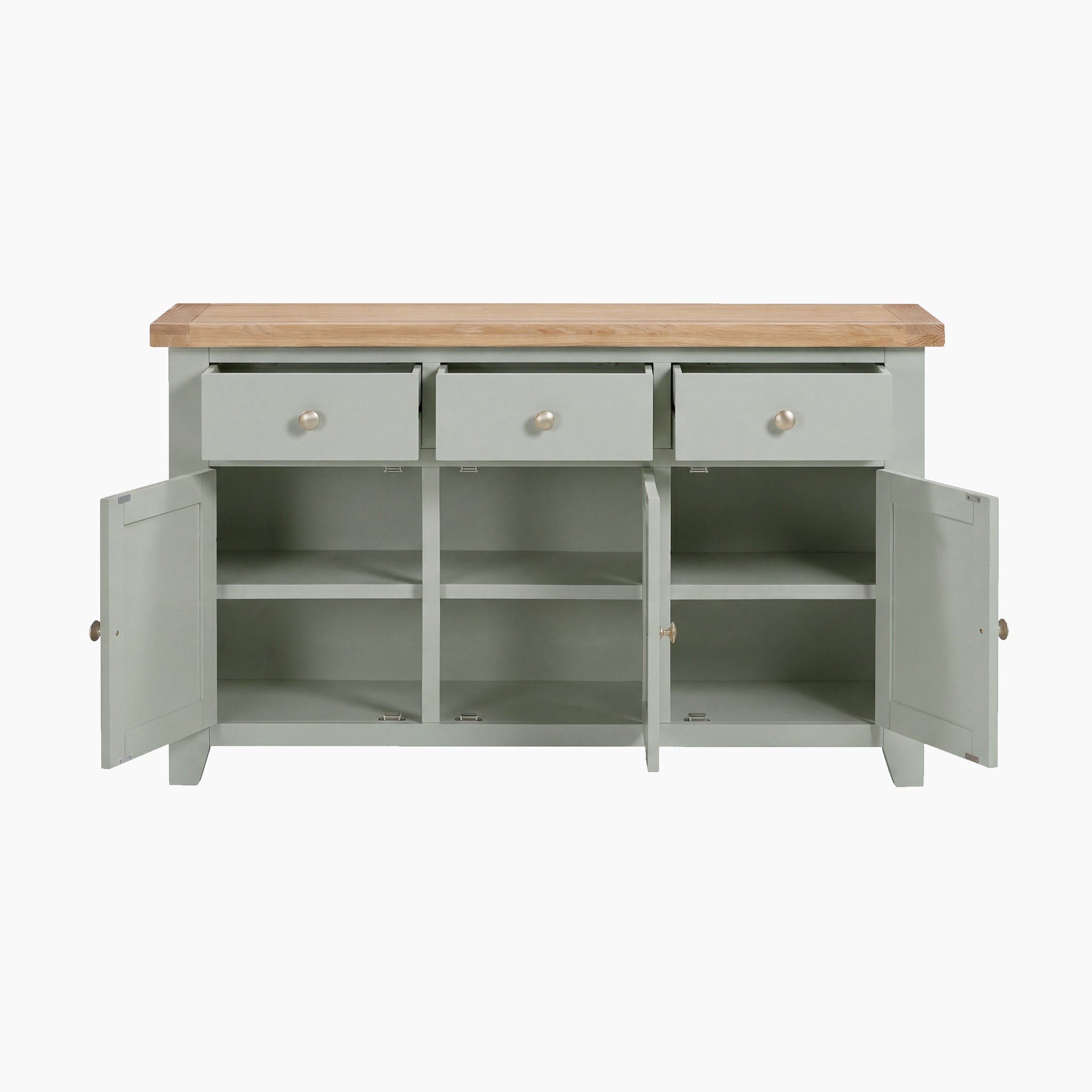 The Burford Large 3 Door 3 Drawers Sideboard in Sage Green features an oak top, three open drawers, and three cabinet doors open to reveal shelves.