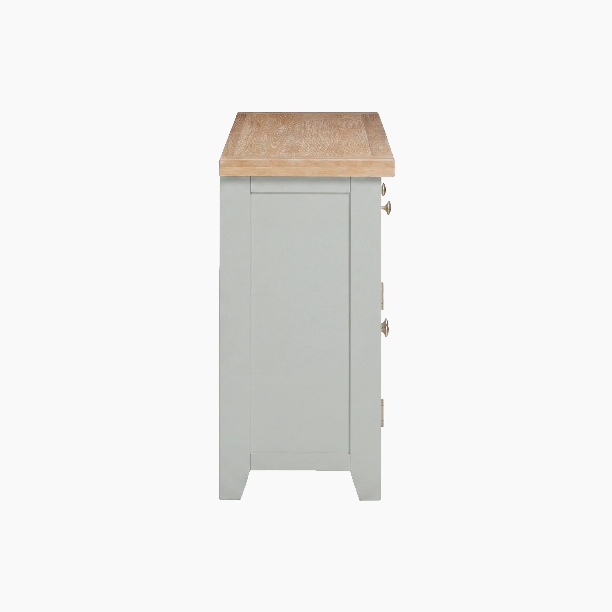 Side view of the Burford Large 3 Door 3 Drawers Sideboard in Sage Green, featuring a natural oak top and visible drawer knobs, similar in style to an oak top sideboard.