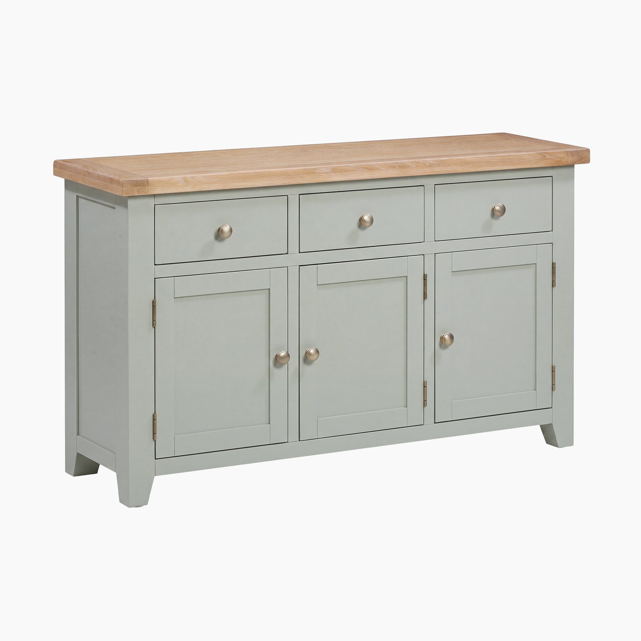 The Burford Large 3 Door 3 Drawers Sideboard in Sage Green offers elegant storage and timeless style for your space, featuring three drawers and cabinets topped with a natural oak top.